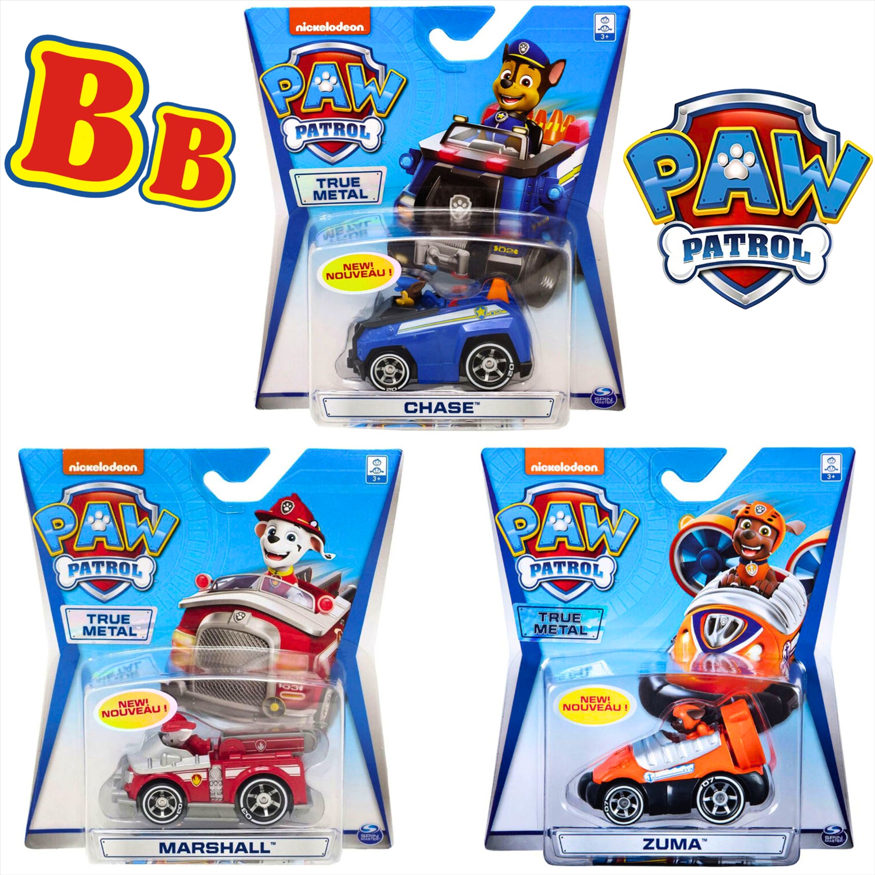 Paw Patrol Chase, Marshall, and Zuma True Metal Collectible Diecast Toy Vehicles - Pack of 3 - Toptoys2u