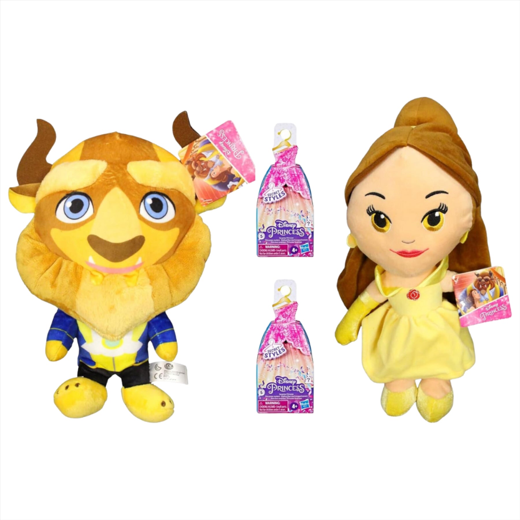 Disney Princess 4 Piece Set Beauty & The Beast Super Soft Gift Quality Plush 14" 36cm Belle, 12" 30cm The Beast & 2X Styles Series 5 Blind Bag Figures - Toptoys2u