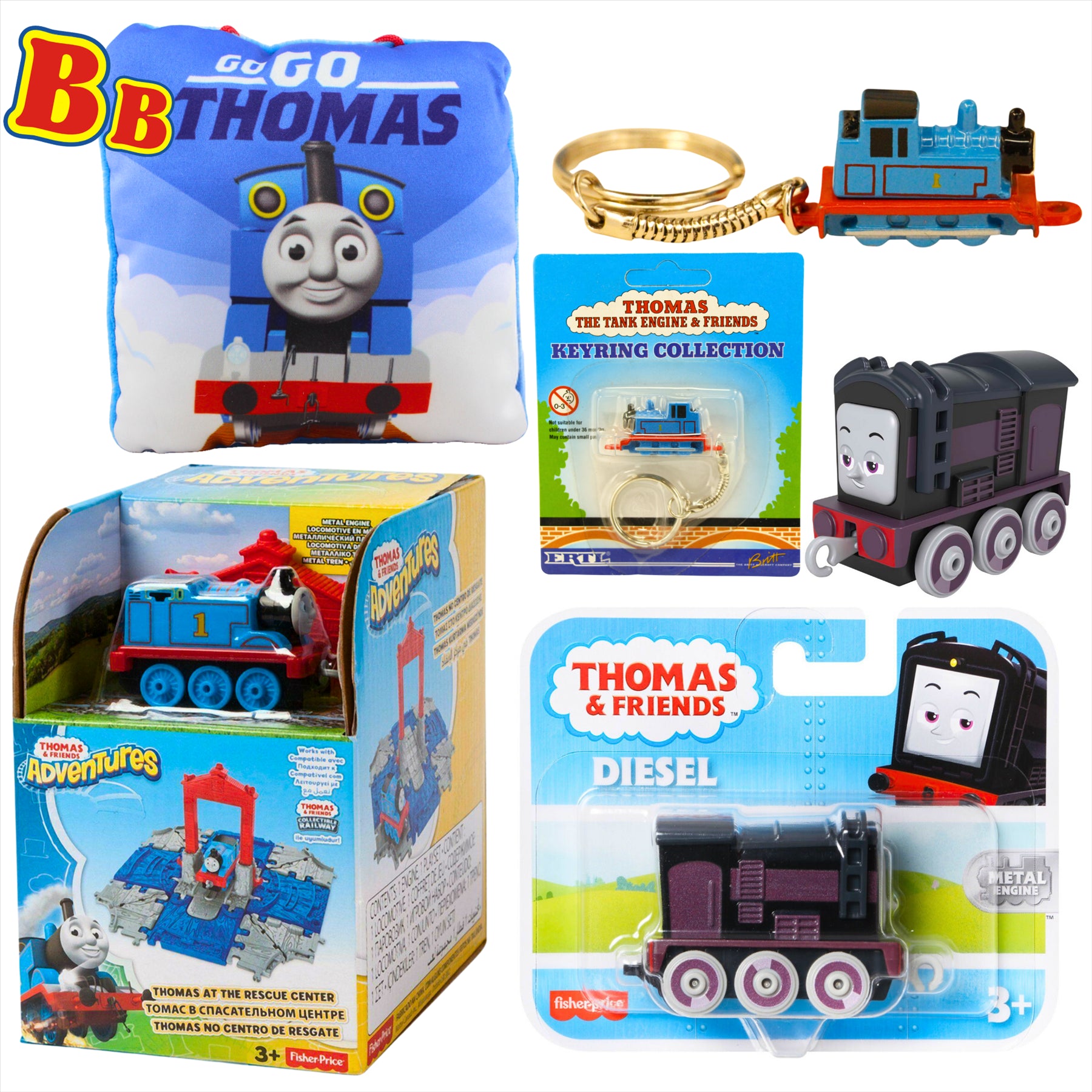 Thomas and Friends Rescue Center Playset, Diecast Thomas Keyring, Diesel Diecast Metal Engine Figure, and Thomas 12cm Pillow - Toptoys2u