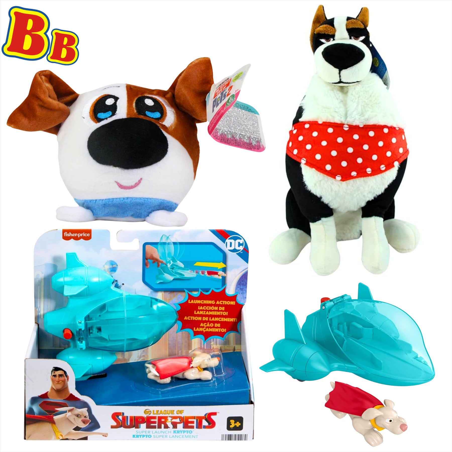 Secret Life of Pets Rooster 25cm Plush, Max 15cm Slo Foam Plush, and DC League of Super Pets Super Launch Krypto Playset - 3-Piece Bundle - Toptoys2u