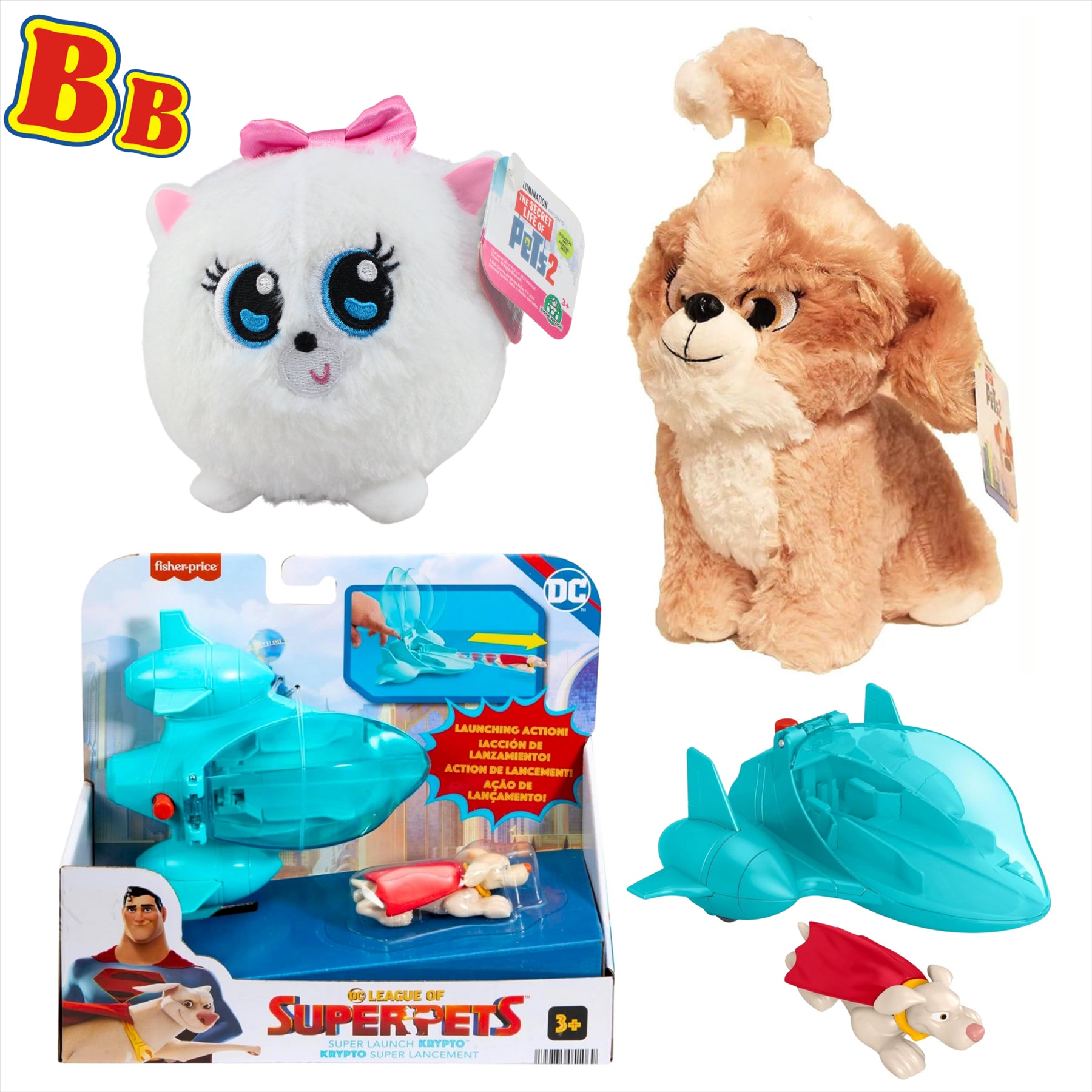 Secret Life of Pets Daisy 25cm Plush, Gidget 15cm Slo Foam Plush, and DC League of Super Pets Super Launch Krypto Playset - 3-Piece Bundle - Toptoys2u