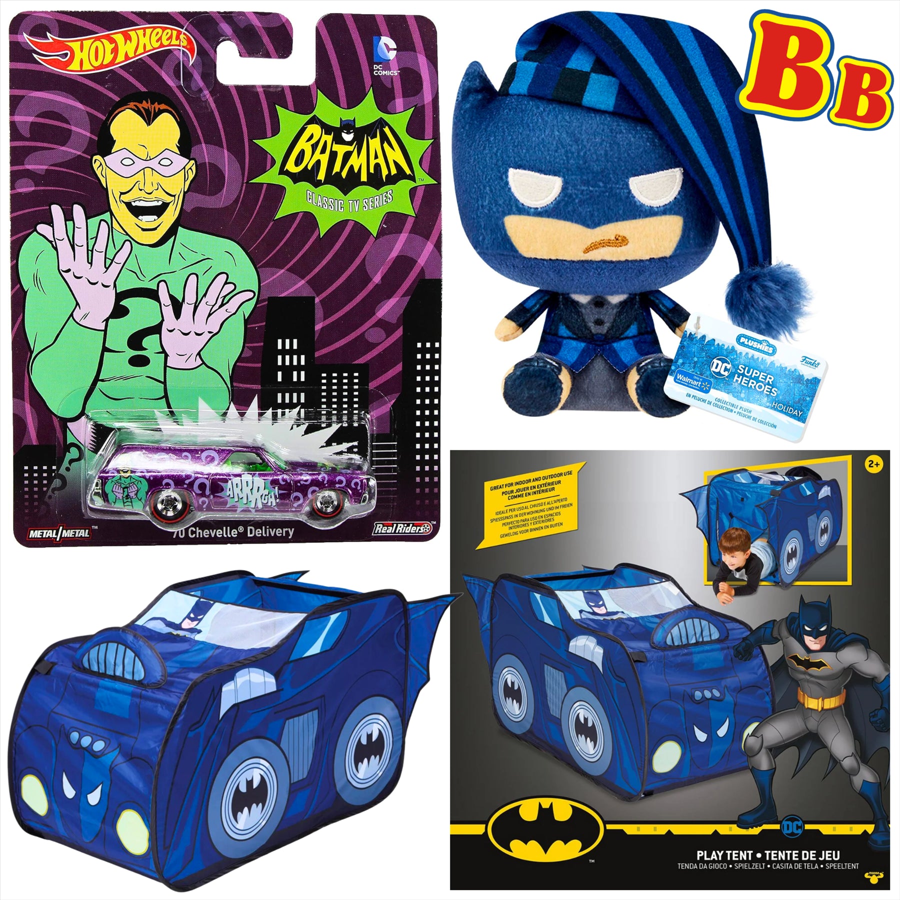 Batman Hot Wheels Riddler Chevelle Delivery Diecast Model Car with 18cm Plush and Batmobile Play Tent - 3-Piece Bundle - Toptoys2u