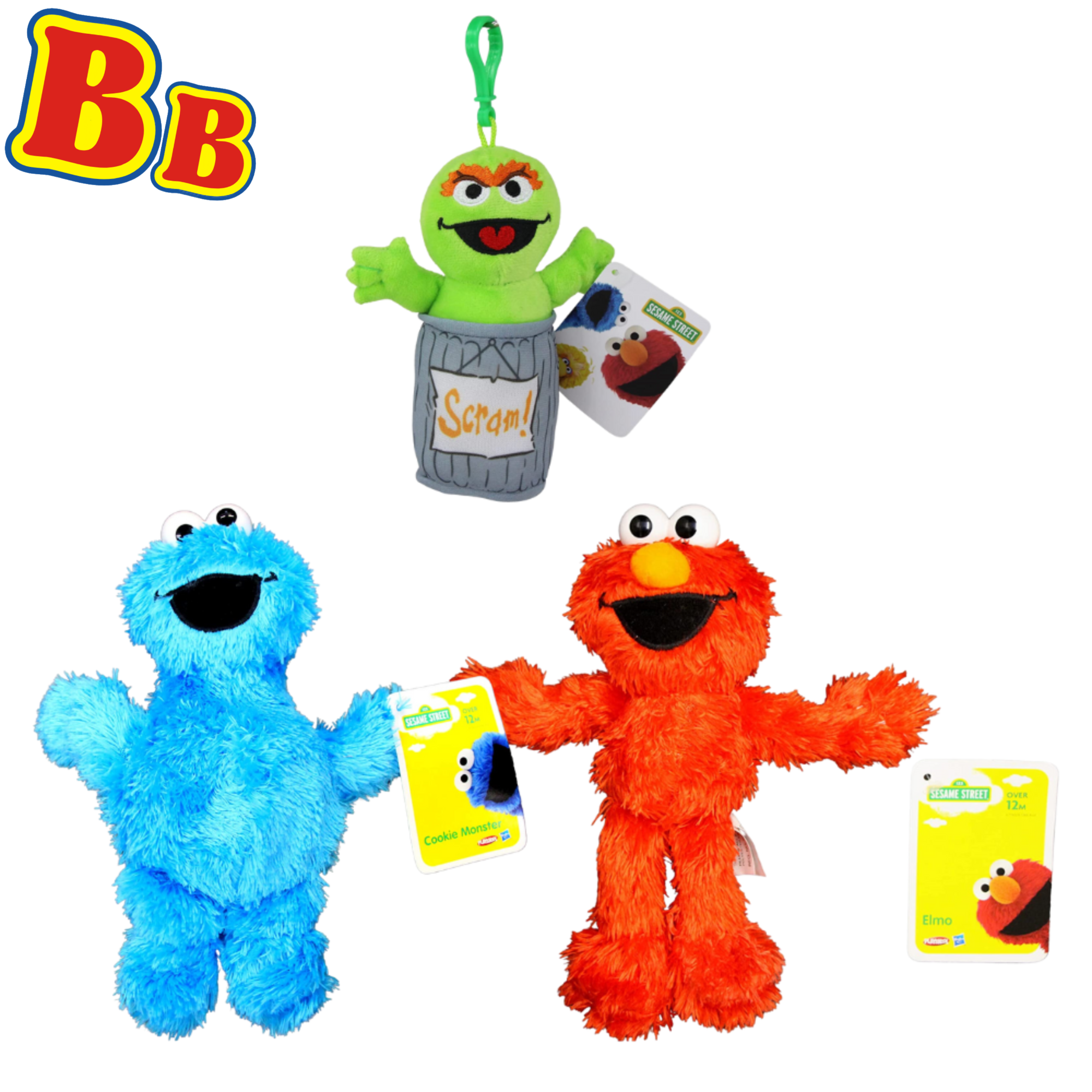 Sesame Street - 9" 23cm Plush Elmo, Cookie Monster & 6" 15cm Oscar Clip - Toptoys2u