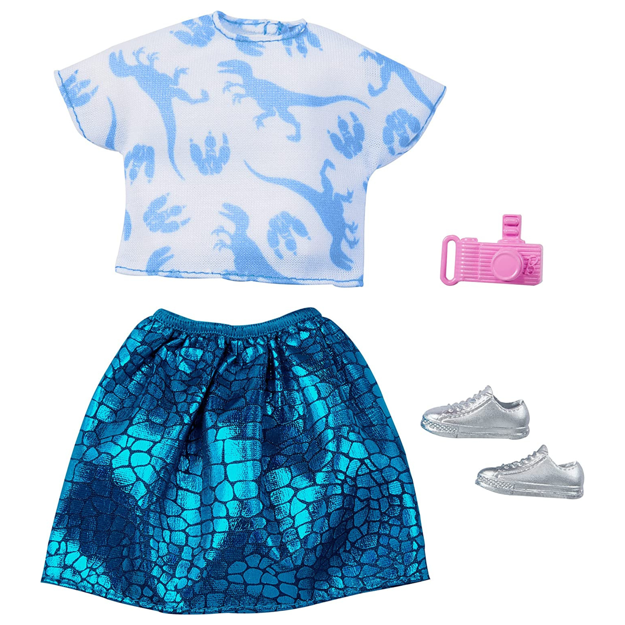 Barbie Jurassic World Fashion Look Pack -Turquoise Shiny Skirt with Shirt, Shoes and Camera Shoes and Necklace - Toptoys2u