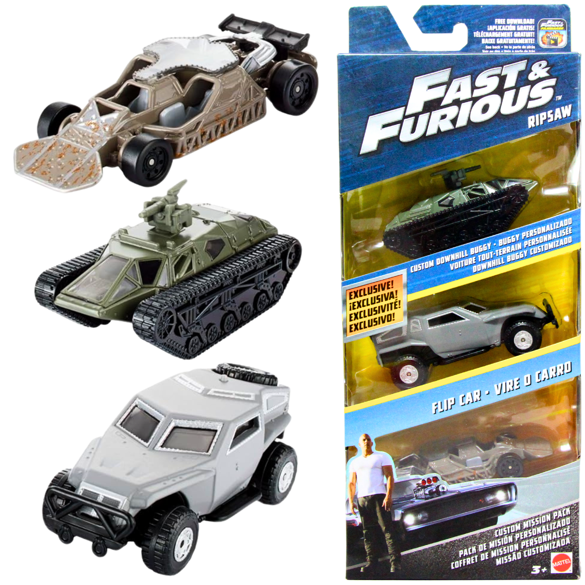 Fast and Furious Movie Custom Mission Pack Diecast 8cm Collectible Toy Model Vehicles - Ripsaw, Custom Downhill Buggy, & Flip Car - Pack of 3 - Toptoys2u