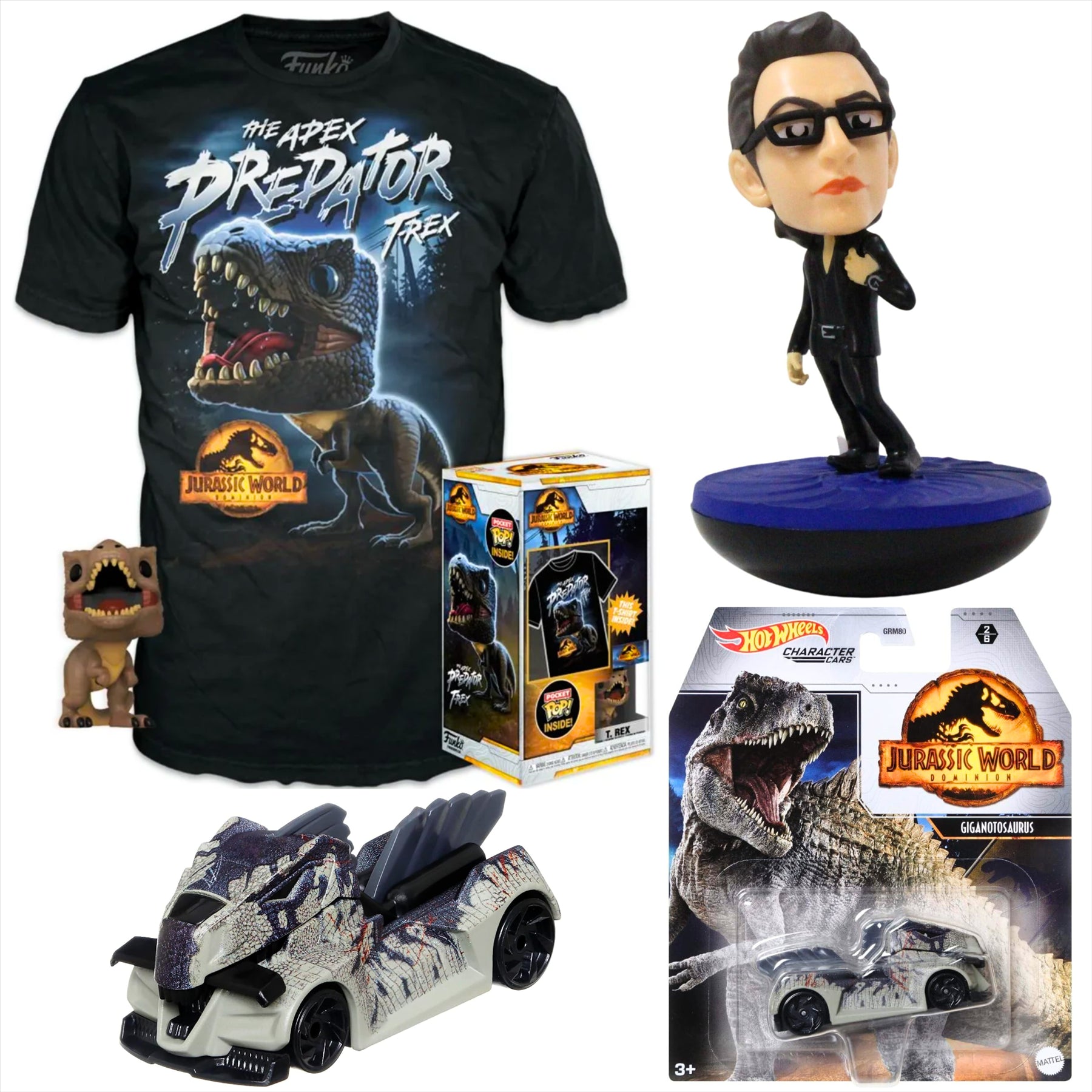 Jurassic World Funko T-Rex Large Children's T-Shirt with Pocket Pop!, Hot Wheels Gigantosaurus Diecast Model Vehicle, and Revos Ian Malcolm 10cm Collectible Vinyl Figure Figure - 3-Piece Bundle - Toptoys2u