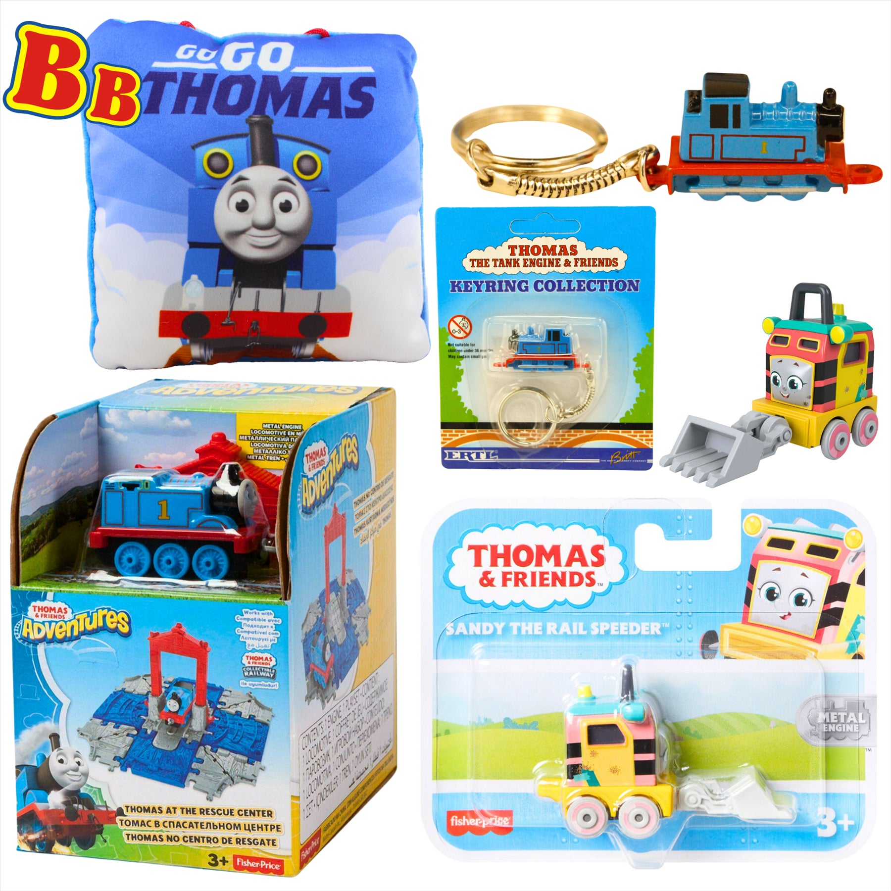 Thomas and Friends Rescue Center Playset, Diecast Thomas Keyring, Sandy Diecast Metal Engine Figure, and Thomas 12cm Pillow - Toptoys2u