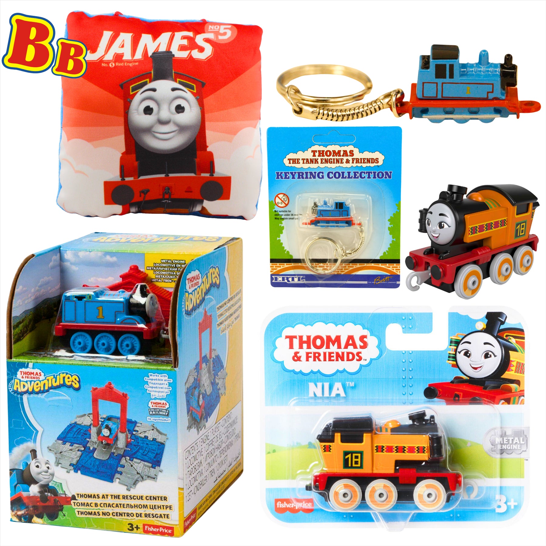 Thomas and Friends Rescue Center Playset, Diecast Thomas Keyring, Nia Diecast Metal Engine Figure, and James 12cm Pillow - Toptoys2u