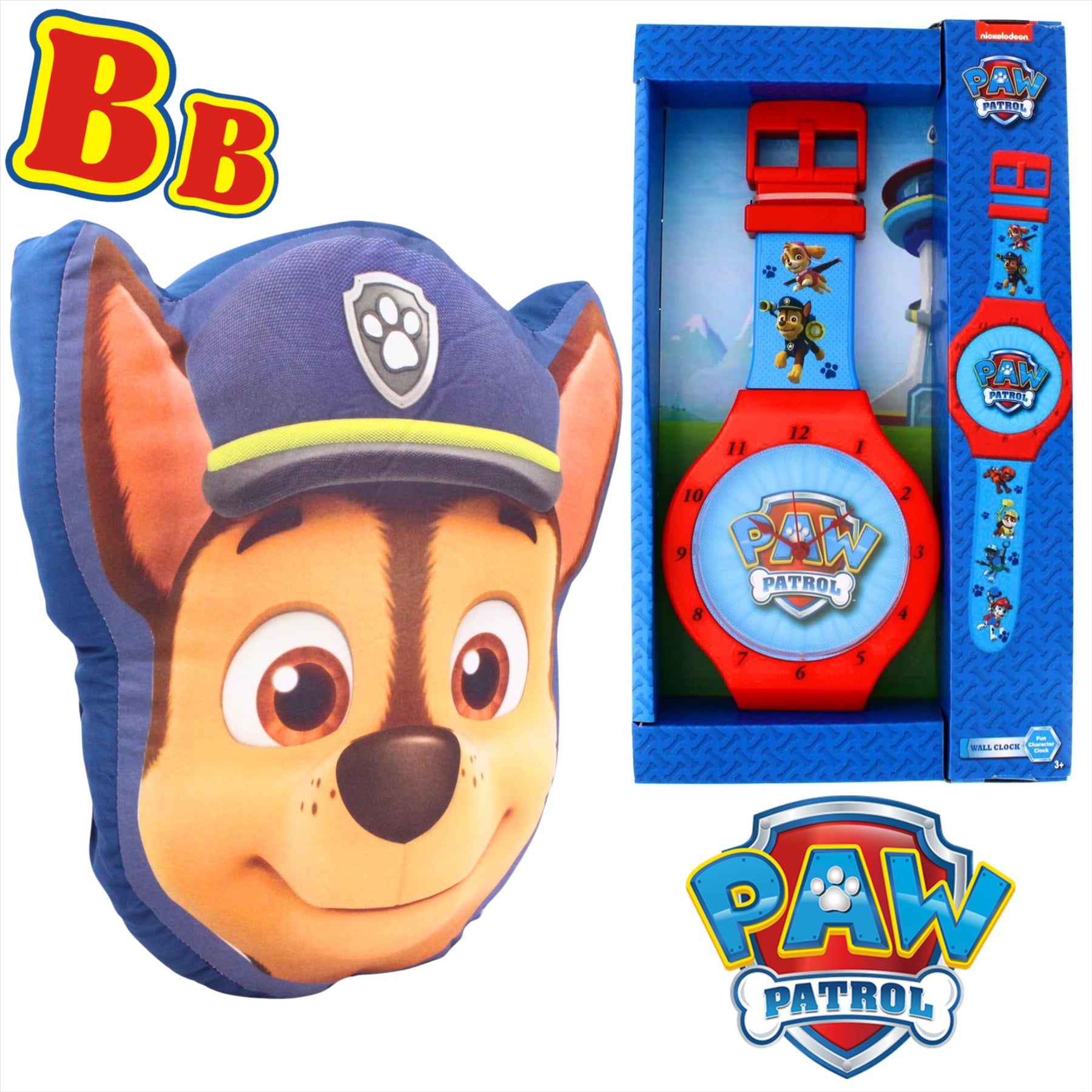 Paw Patrol Super Soft 40cm Chase Deluxe Cushion & Large Watch Themed Wall Clock - Twin Pack - Toptoys2u