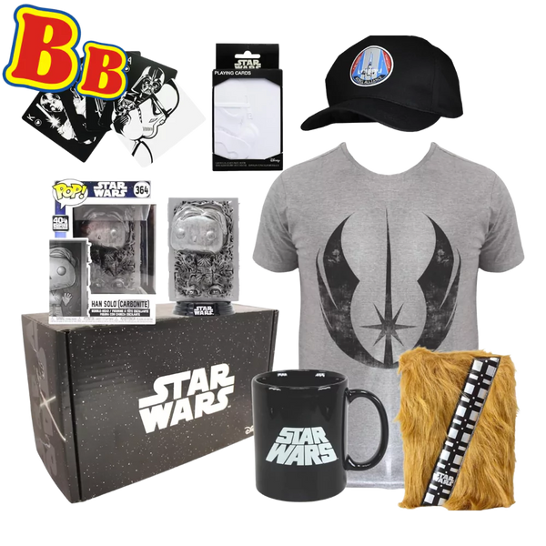 Wootbox Star Wars 6 Piece Bundle - Funko POP! 40th Anniversary Han Solo in Carbonite, Character Playing Cards, Star Wars 350ml Mug, Chewbacca A5 Notebook, Rebel Alliance Hat & Large T-Shirt - Toptoys2u