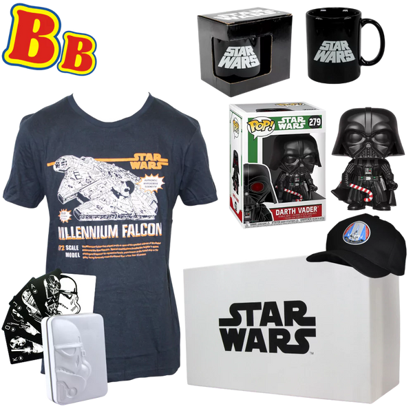 WOOTBOX Star Wars Funko POP! Darth Vader Vinyl Figure, 350ml Mug, Millennium Falcon T-Shirt Size M, Rebel Alliance Hat & Storm Trooper Playing Cards - 5 Pack - Toptoys2u