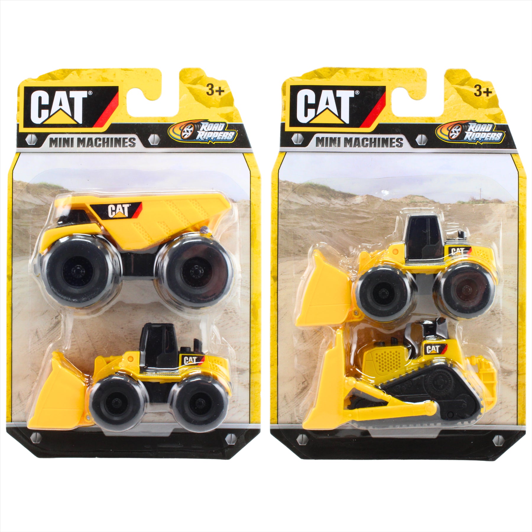 Road Rippers CAT Mini Machines Collectible Miniature Construction Vehicle Toys - 2x Twin Packs - Dump Truck, Bulldozer, and 2x Wheel Loaders - Toptoys2u