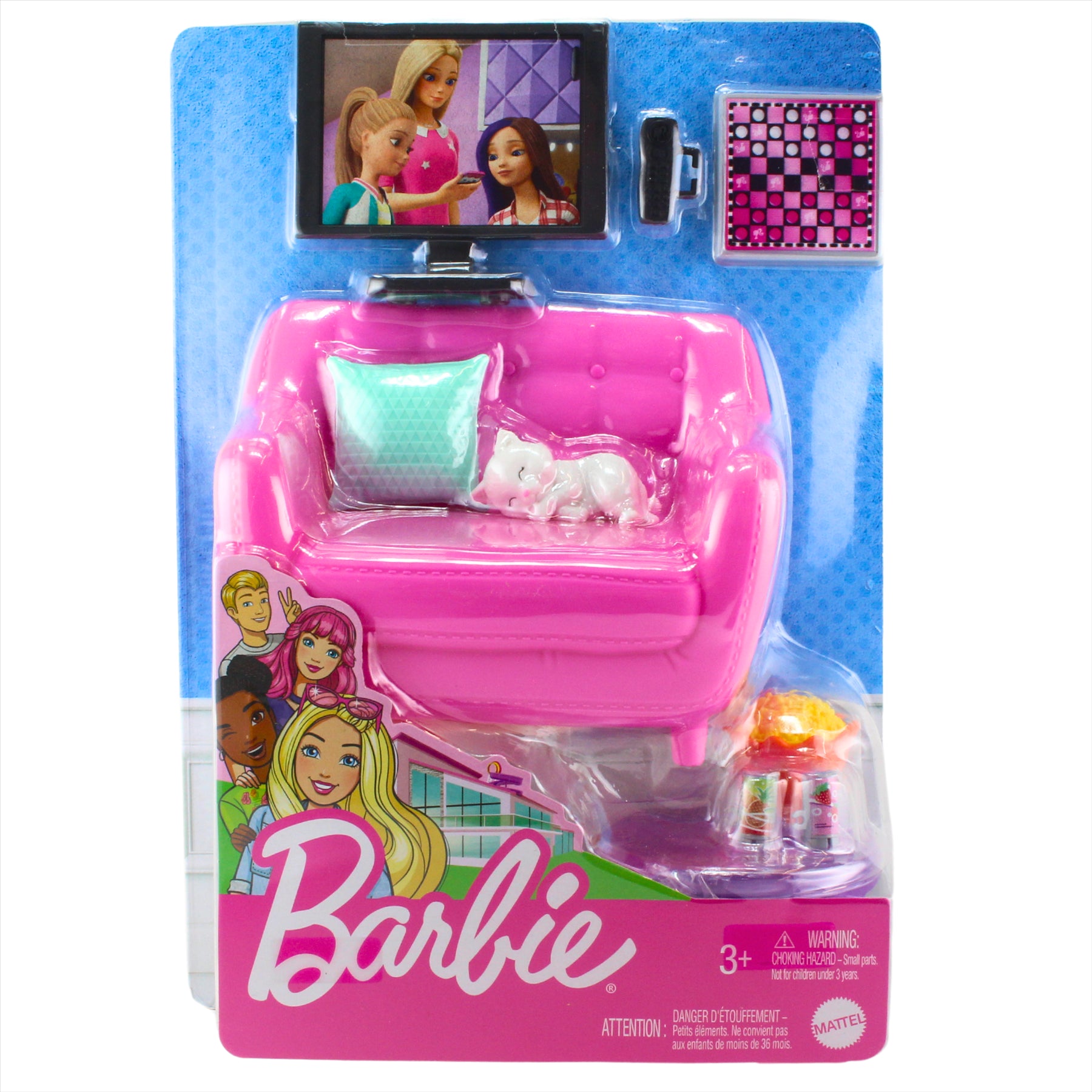Barbie Movie and Game Night Playset with Cat and Accessories - Includes Kitten Figure, Furniture, Television, Game, and Snacks - Toptoys2u