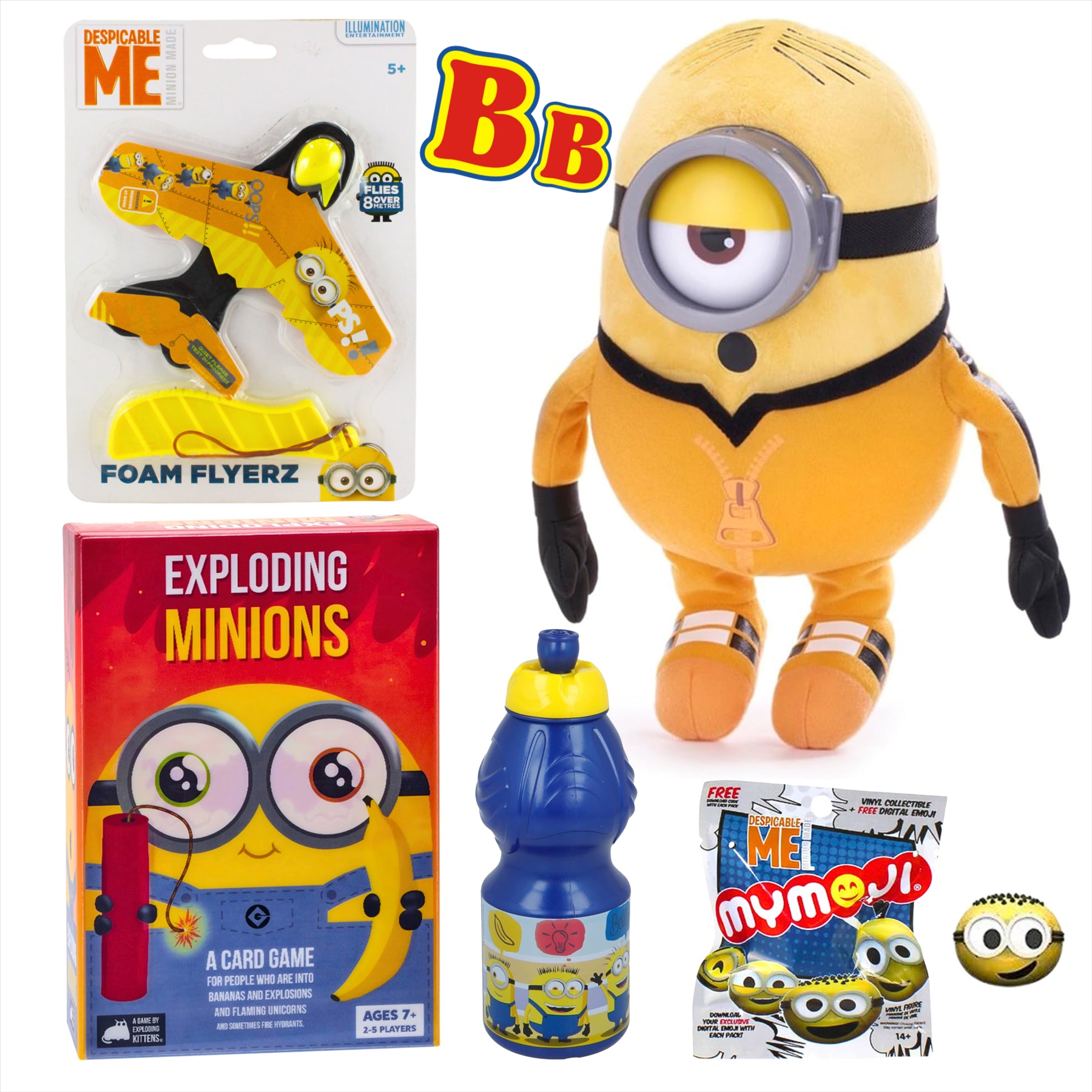 Despicable Me Minions Plush Toy and Games 5 Piece Mega Bundle - Stuart 30cm Plush Toy, Exploding Minions Card Game, Foam Flyer, MyMoji Miniature Figure, and 400ml Water Bottle - Toptoys2u