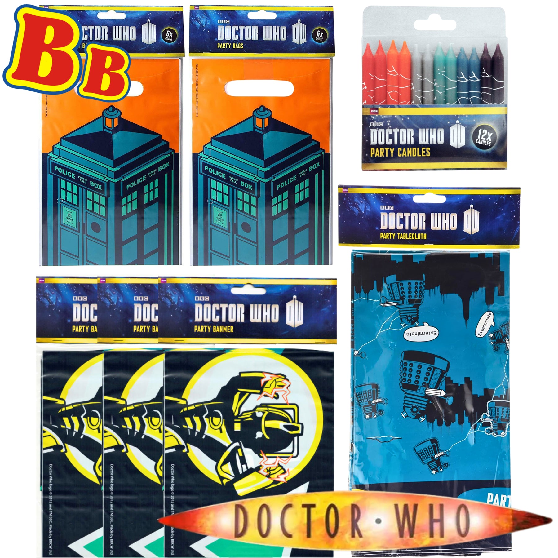 Official Doctor Who Partyware 7 Piece Bundle Party Bags, Room Banners, Candles and Tablecloth - Toptoys2u