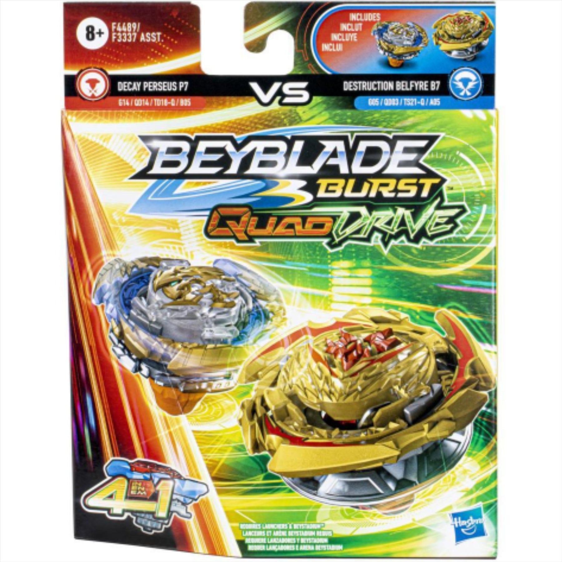 Beyblade Burst Speedstorm & Quad Drive - Original A6, Tyros T6, Decay Perseus P7, Destruction Belfyre B7 - Twin Pack - Toptoys2u