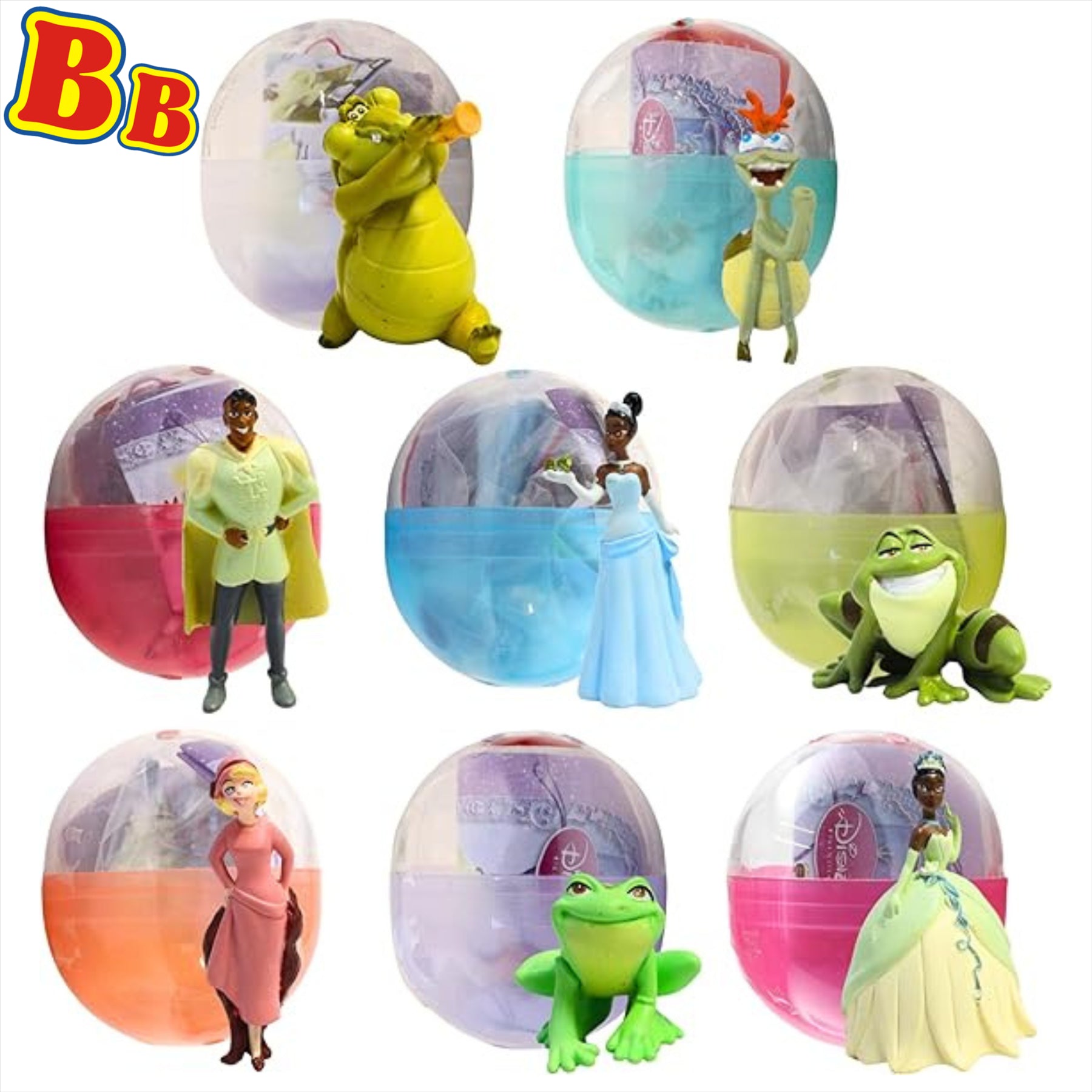 Disney Princess & The Frog - Phone Charm/Figure Sets - Pack of all 8 - Tiana Ball Gown, Charlotte, Prince Naveen, Louis, Ray, Prince Naveen Frog, Tiana Frog & Tiana - Toptoys2u