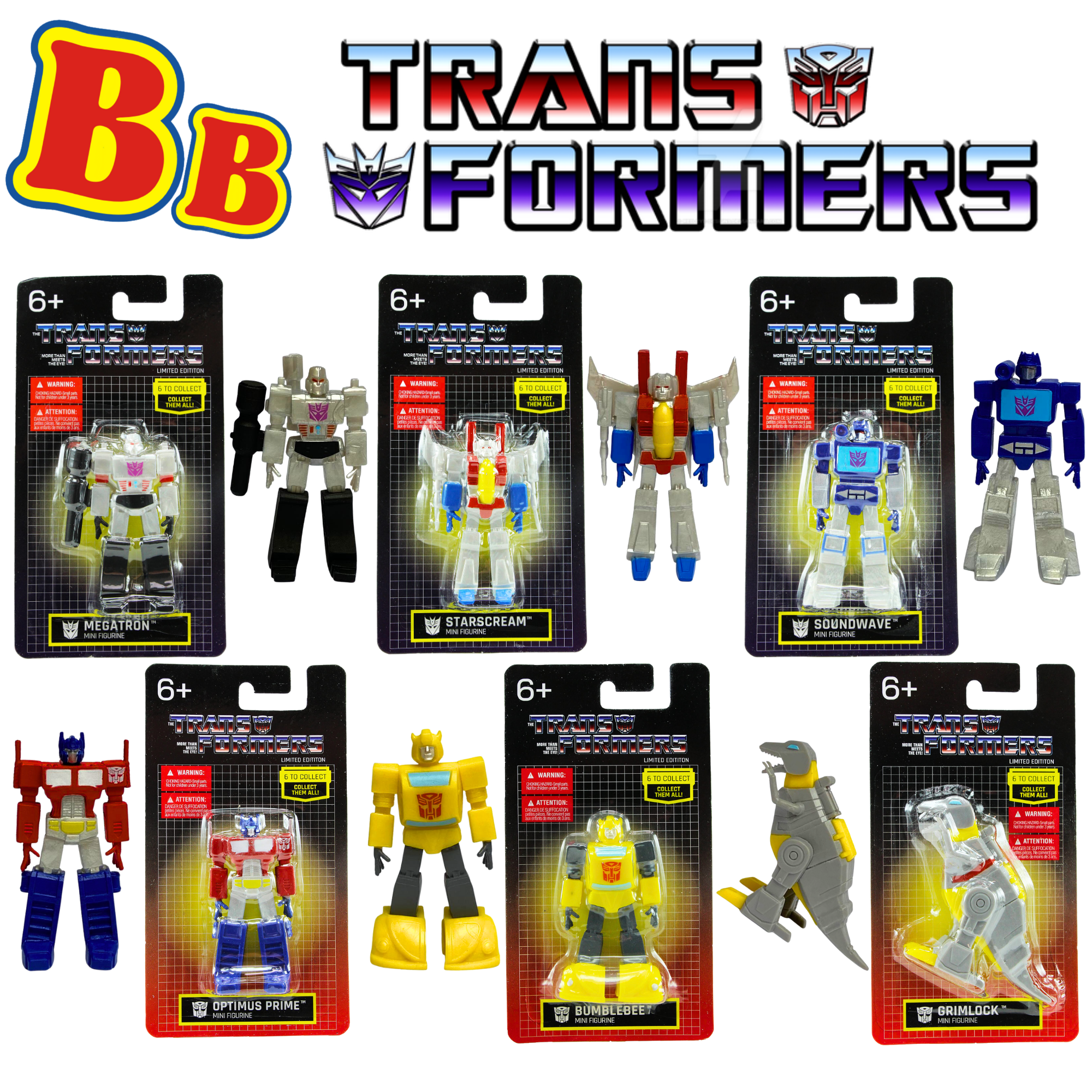 Transformers 2.5" Limited Edition Mini Figures - Starscream, Megatron & Soundwave, Optimus Prime, Bumblebee & Grimlock Set of All 6 - Toptoys2u