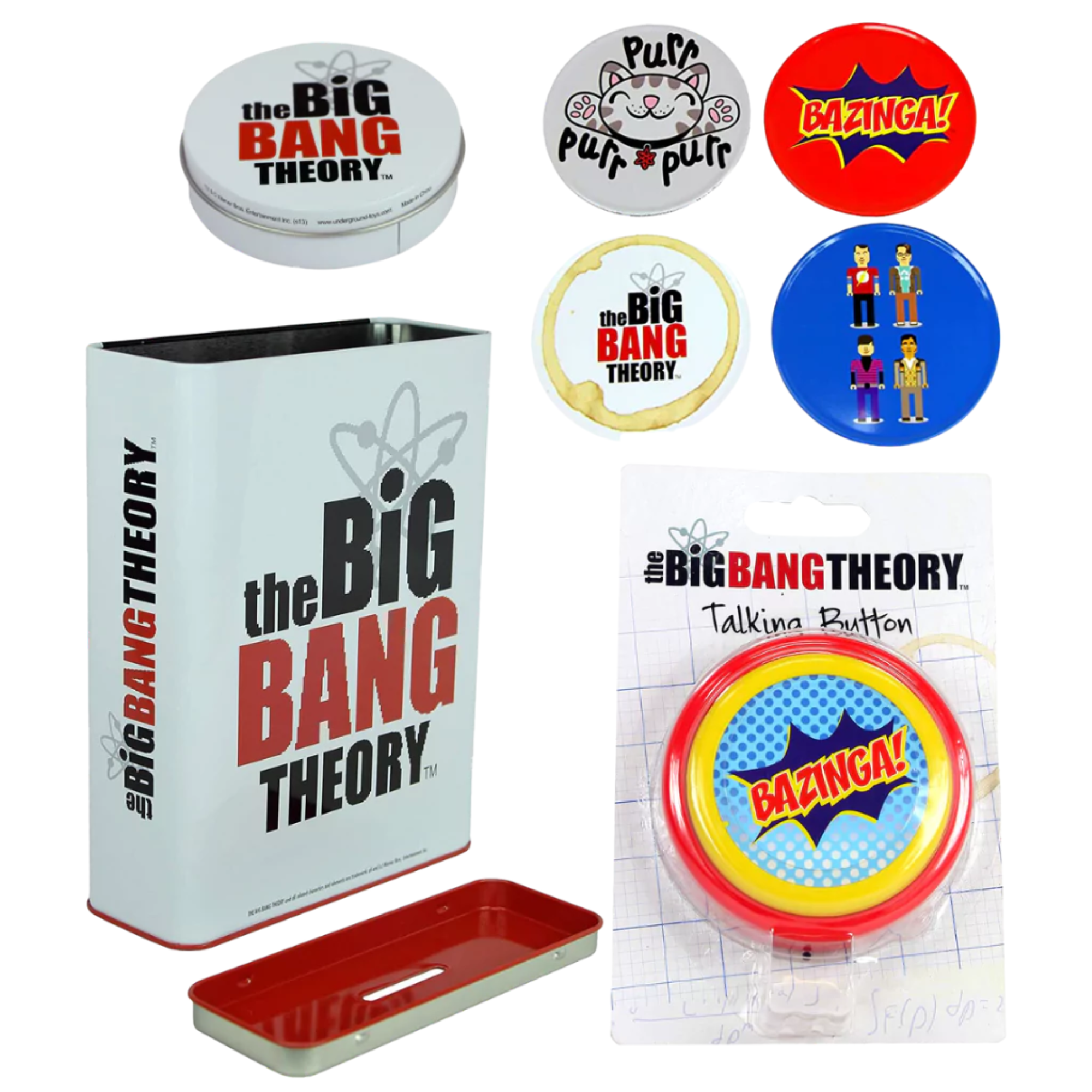 The Big Bang Theory Gift Sets - Money Tin, Metal Coaster 4 Pack & Talking Push Button Bazinga - Set of 3 - Toptoys2u