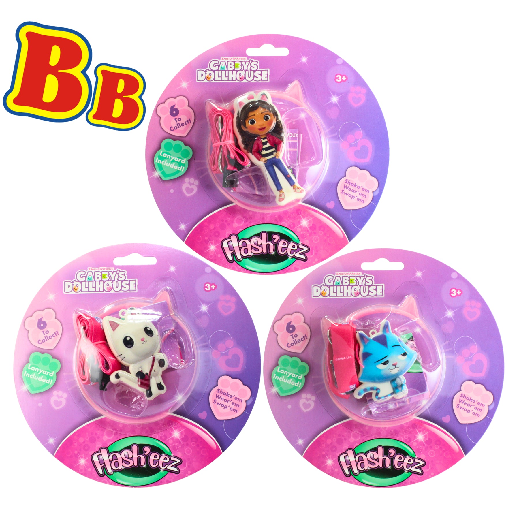 Gabby's Dollhouse Flash'Eez Gabby, Pandy Paws, and Catrat Light-Up Collectible Character Toy Accessory with Lanyard - Pack of 3, Set 1 - Toptoys2u