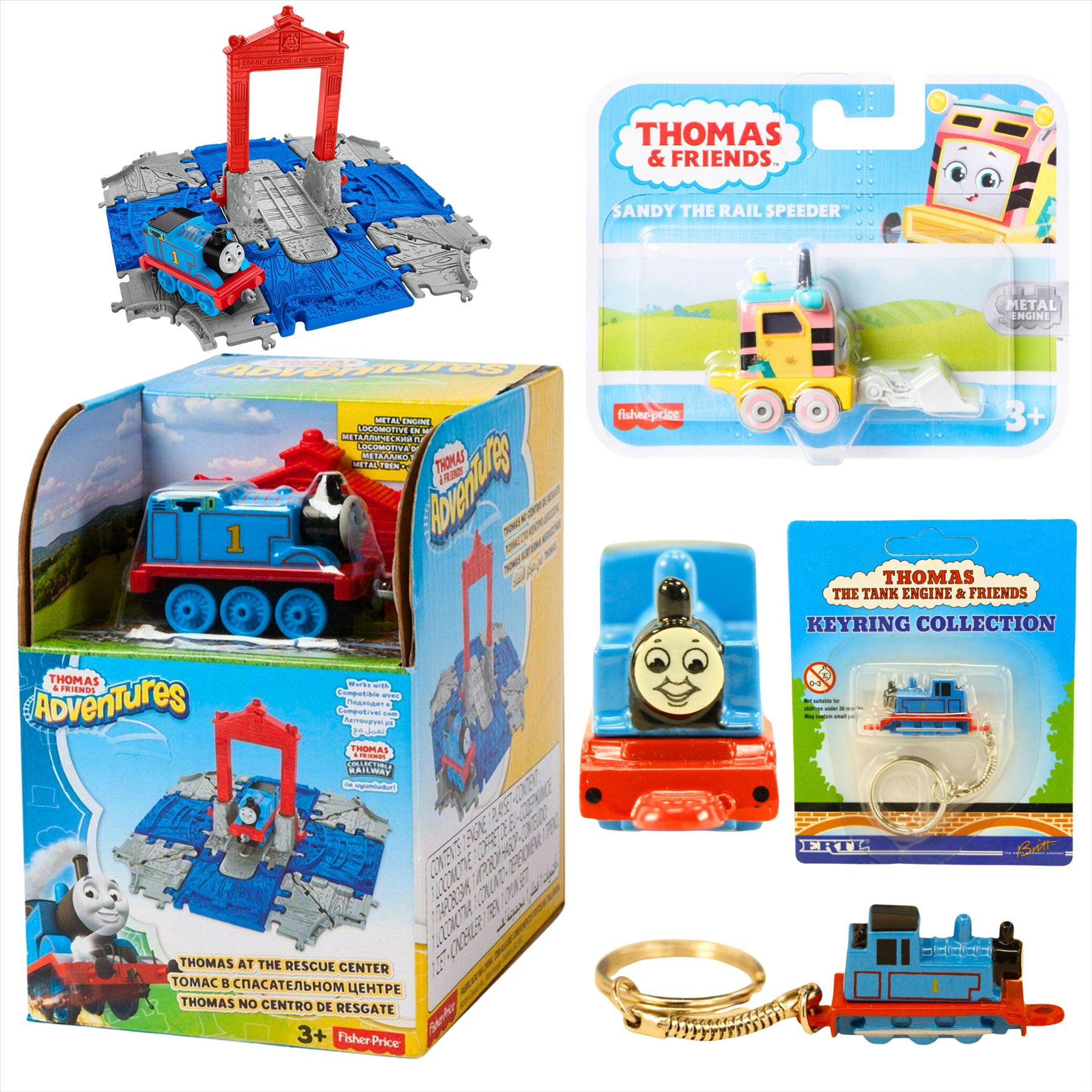 Thomas and Friends Rescue Center Playset, Diecast Thomas Keyring, and Sandy Diecast Metal Engine Figure - Toptoys2u