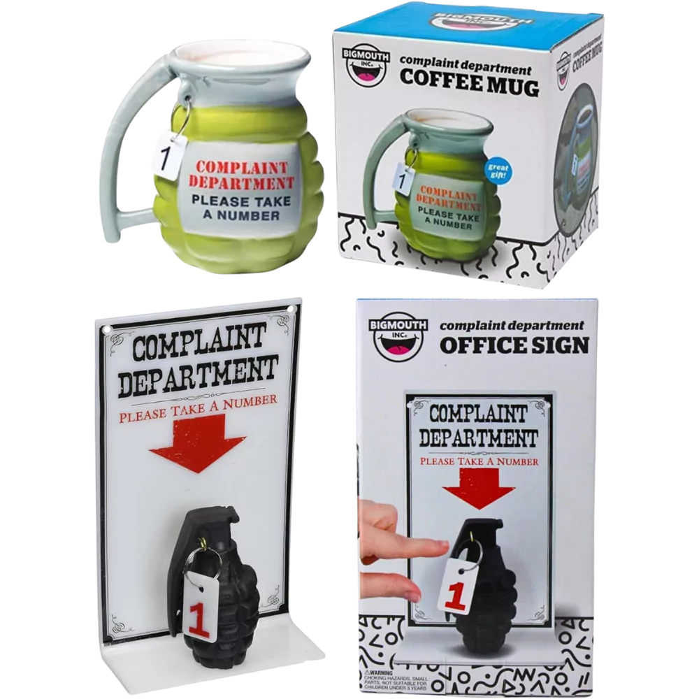 Big Mouth Novelty Grenade Gift Set - Complaints Department Desk Sign & 400ml Coffee Mug - Toptoys2u