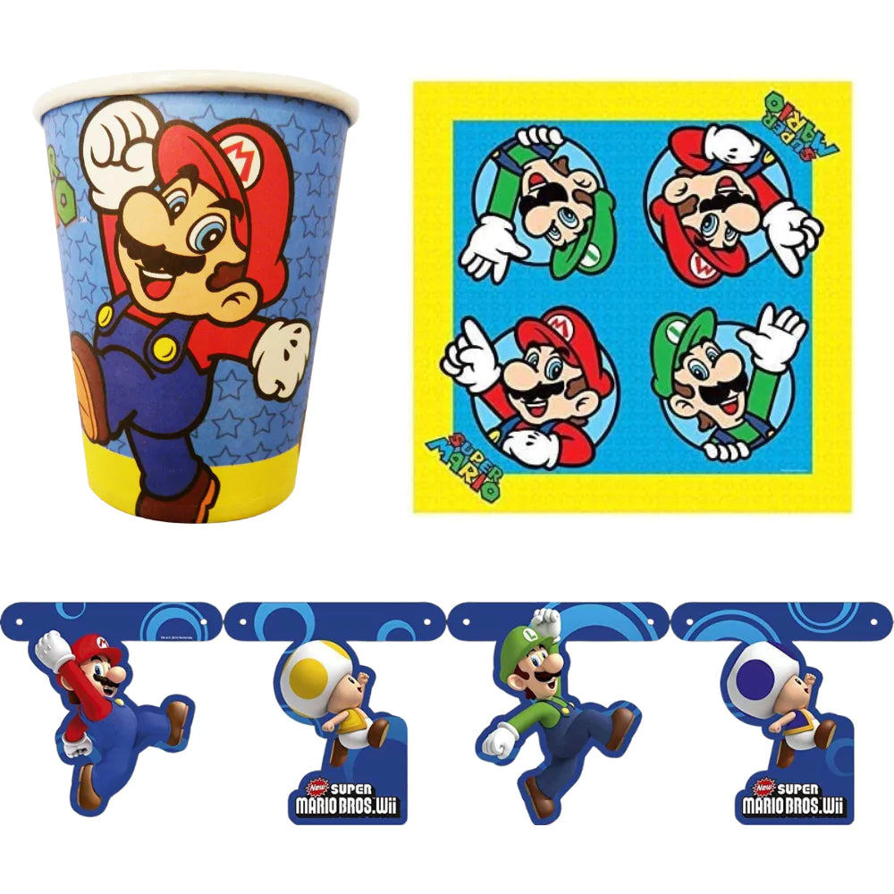 Nintendo Super Mario Bros 3 Piece Party Set - 8 Paper Cups, 16 Napkins & 150cm Room Banner - Toptoys2u