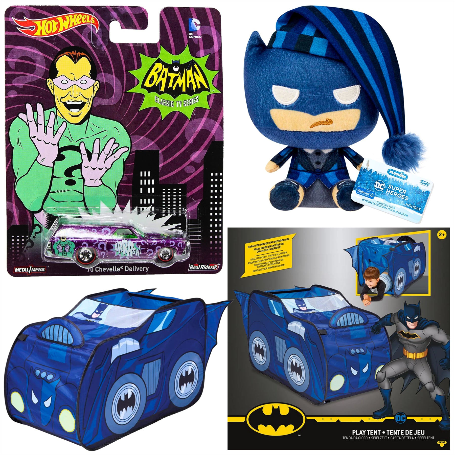 Batman Hot Wheels Riddler Chevelle Delivery Diecast Model Car with 18cm Plush and Batmobile Play Tent - 3-Piece Bundle - Toptoys2u