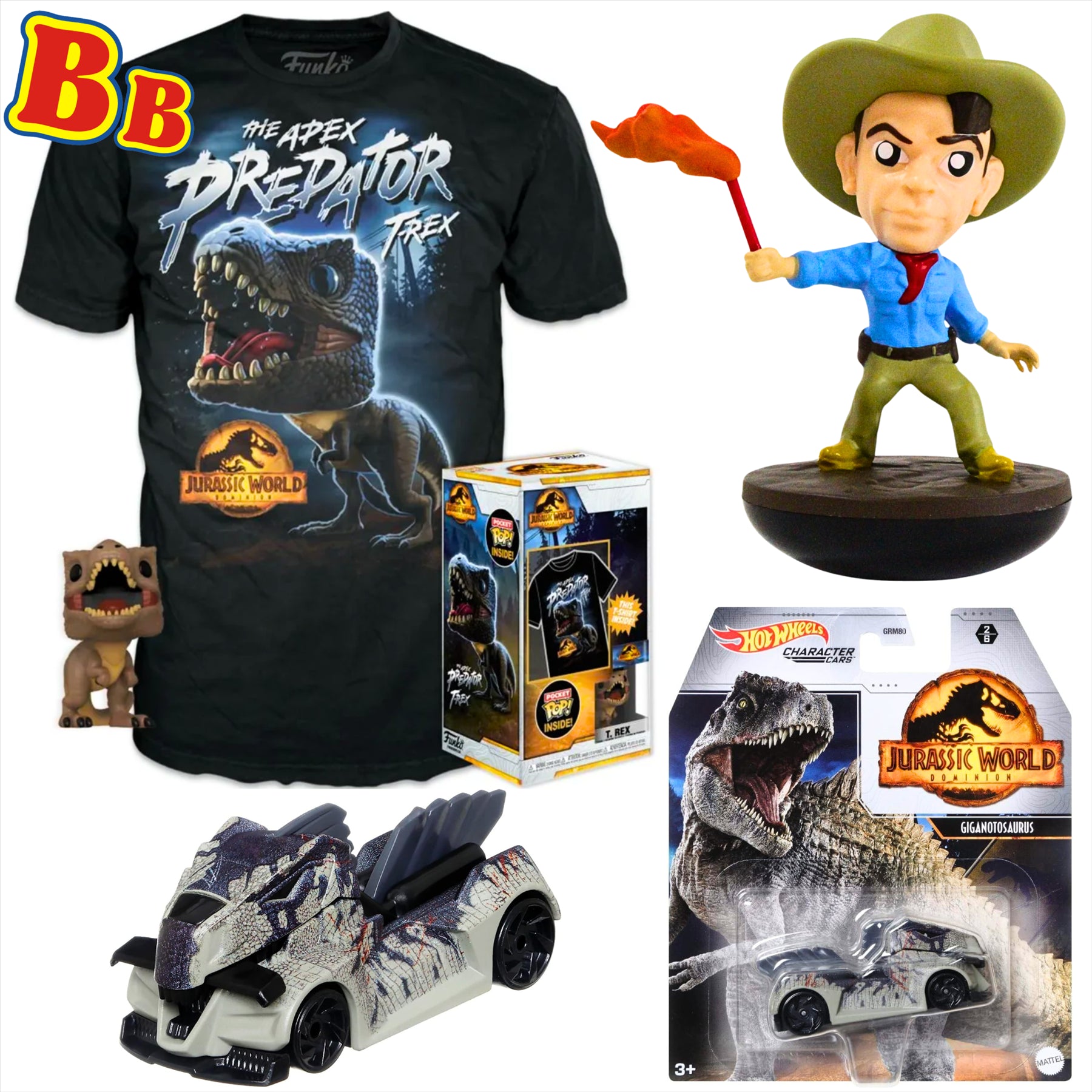 Jurassic World Funko T-Rex Large Children's T-Shirt with Pocket Pop!, Hot Wheels Gigantosaurus Diecast Model Vehicle, and Revos Alan Grant 10cm Collectible Vinyl Figure Figure - 3-Piece Bundle - Toptoys2u