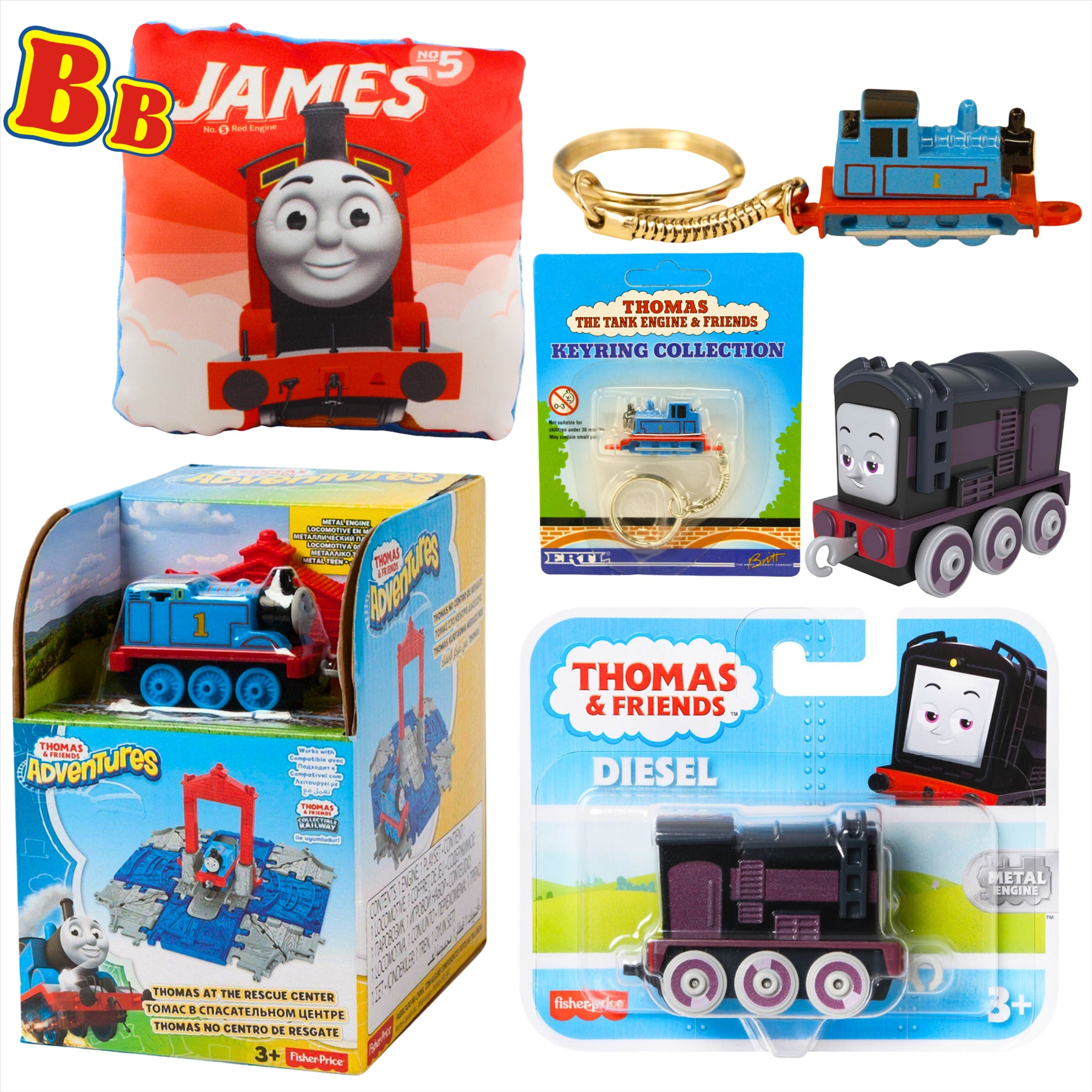 Thomas and Friends Rescue Center Playset, Diecast Thomas Keyring, Diesel Diecast Metal Engine Figure, and James 12cm Pillow - Toptoys2u