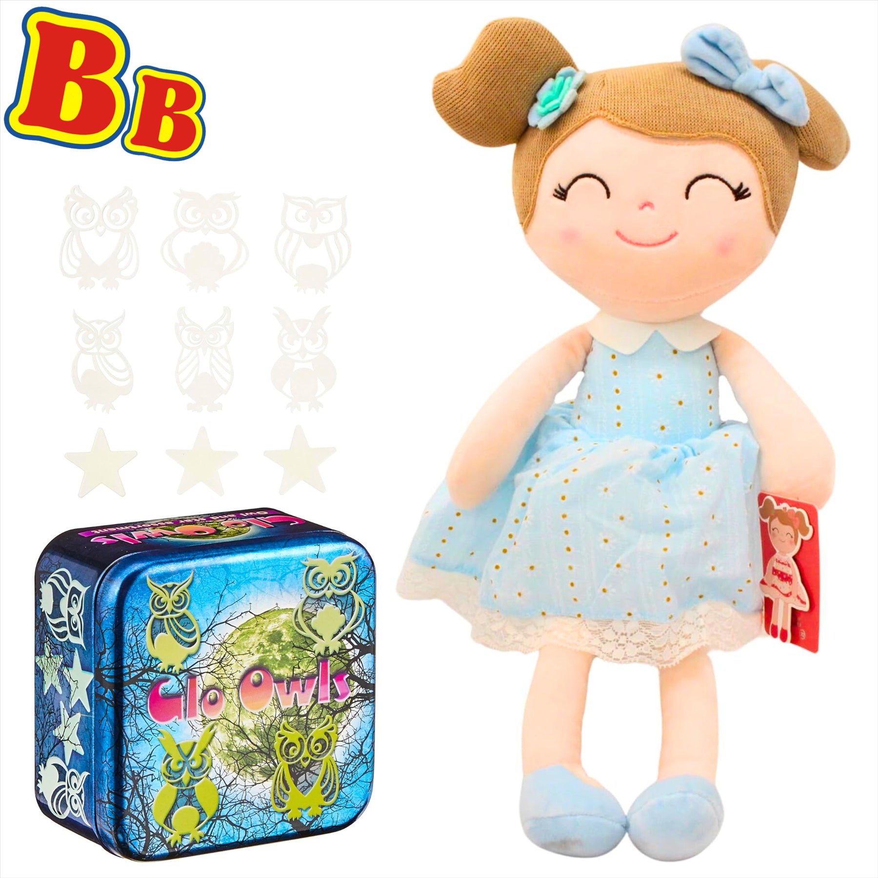 Gloveleya Super Soft Embroidered Blue Daisy 40cm Plush Doll with 42 Glow in the Dark Owls and Stars - Toptoys2u