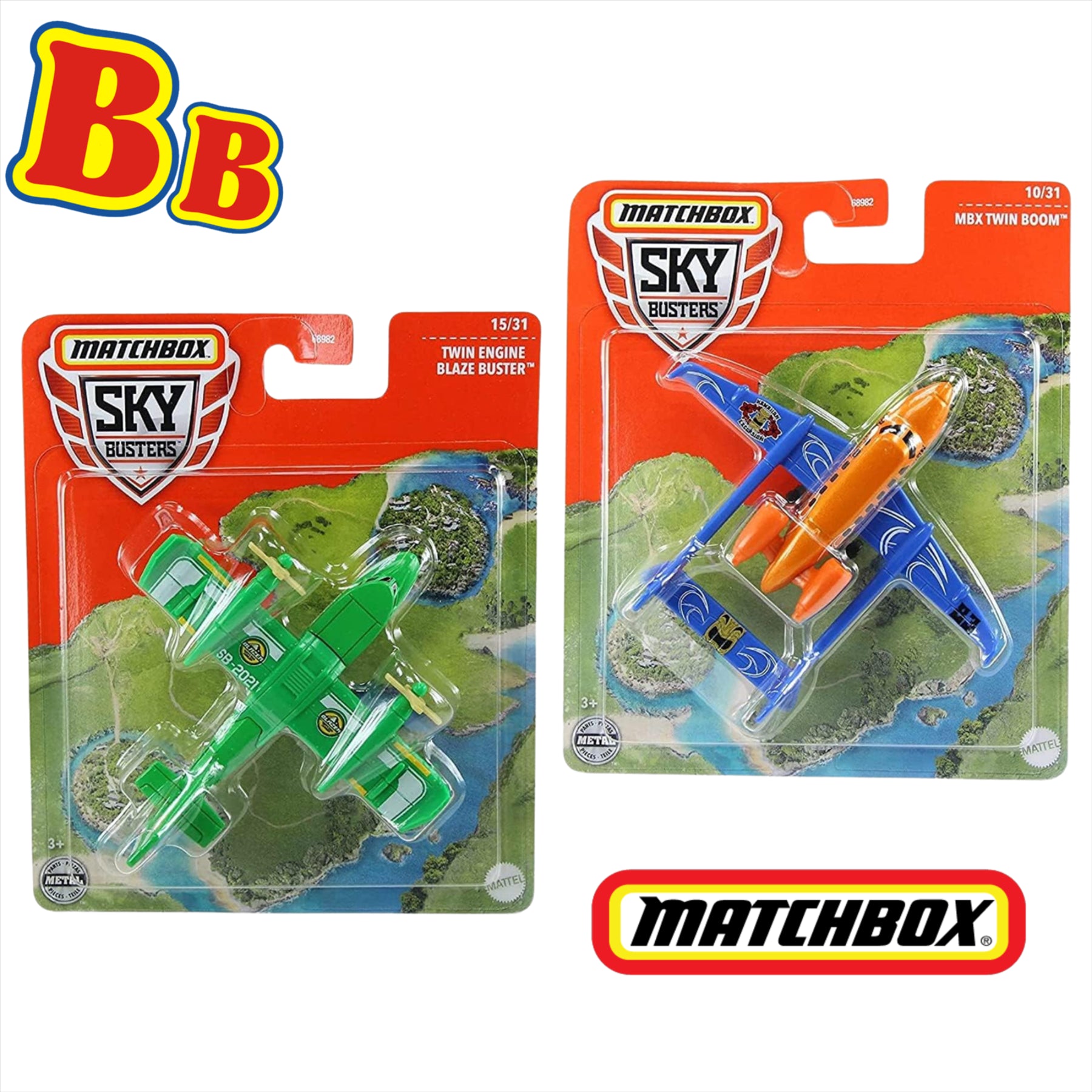 Matchbox Sky Busters Diecast Models 2 Pack Bundle - Twin Engine Blaze Buster & MBX Twin Boom - Toptoys2u