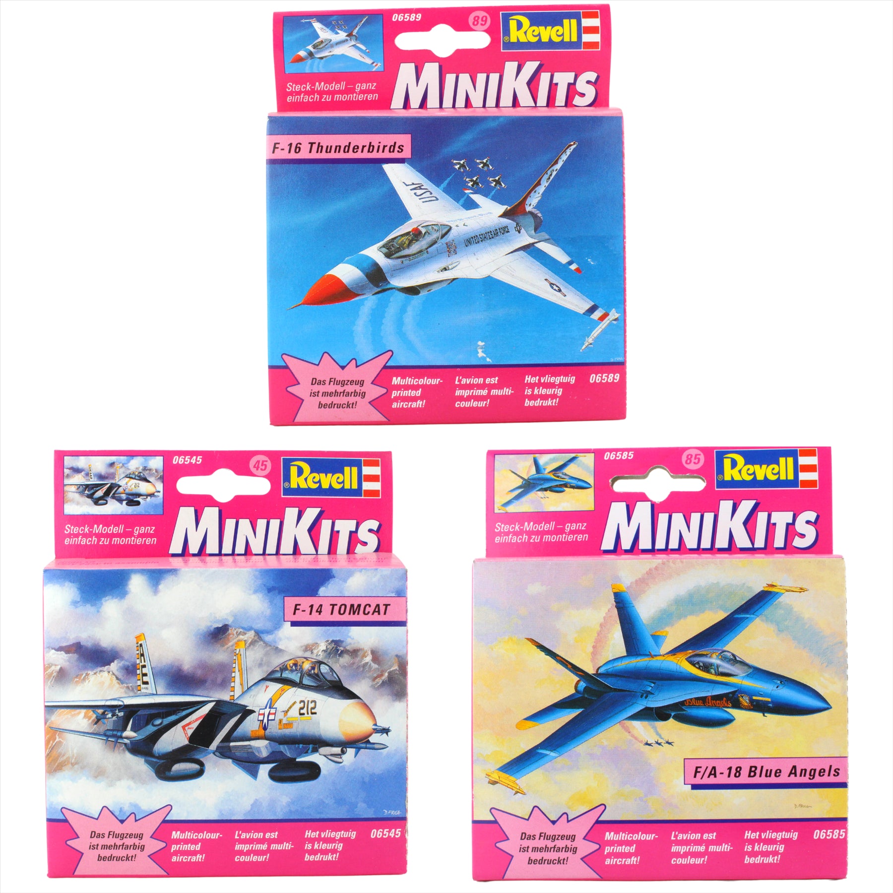 Revell MiniKits Model Plane Buildable Sets Pre Painted - Made in 2000 - F-16 Thunderbirds, F-14 Tomcat & F/A-18 Blue Angels - Set 8 - Pack of 3 - Toptoys2u