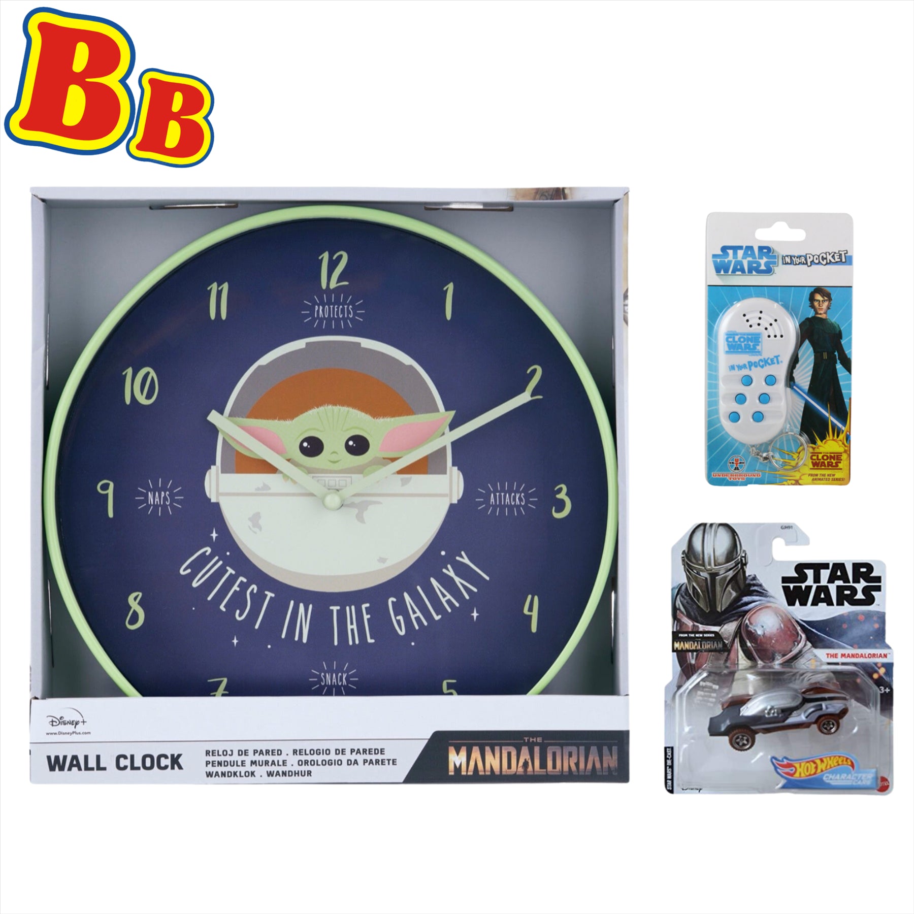 Star-Wars The Child Wall Clock, Clone Wars Voice Keychain and Hot Wheels Character Car The Mandalorian - Toptoys2u