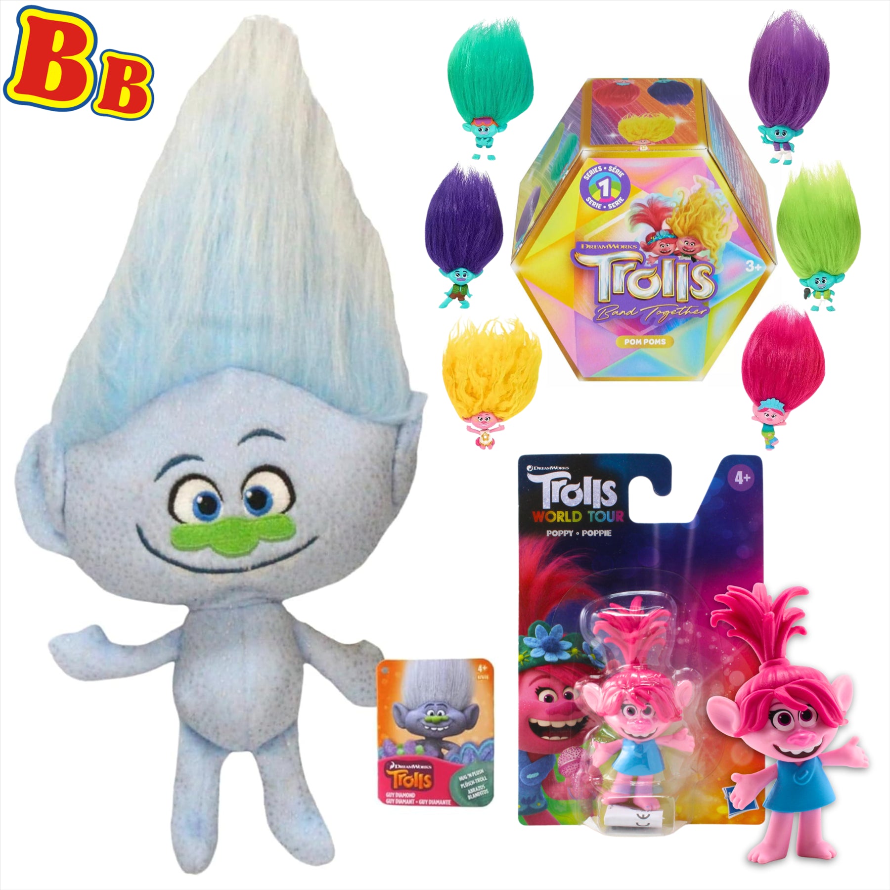 Trolls World Tour Super Soft Guy Diamond 28cm Plush Toy with Poppy 9cm Figure and Series 1 Keyclip Figure Blind Box - Toptoys2u