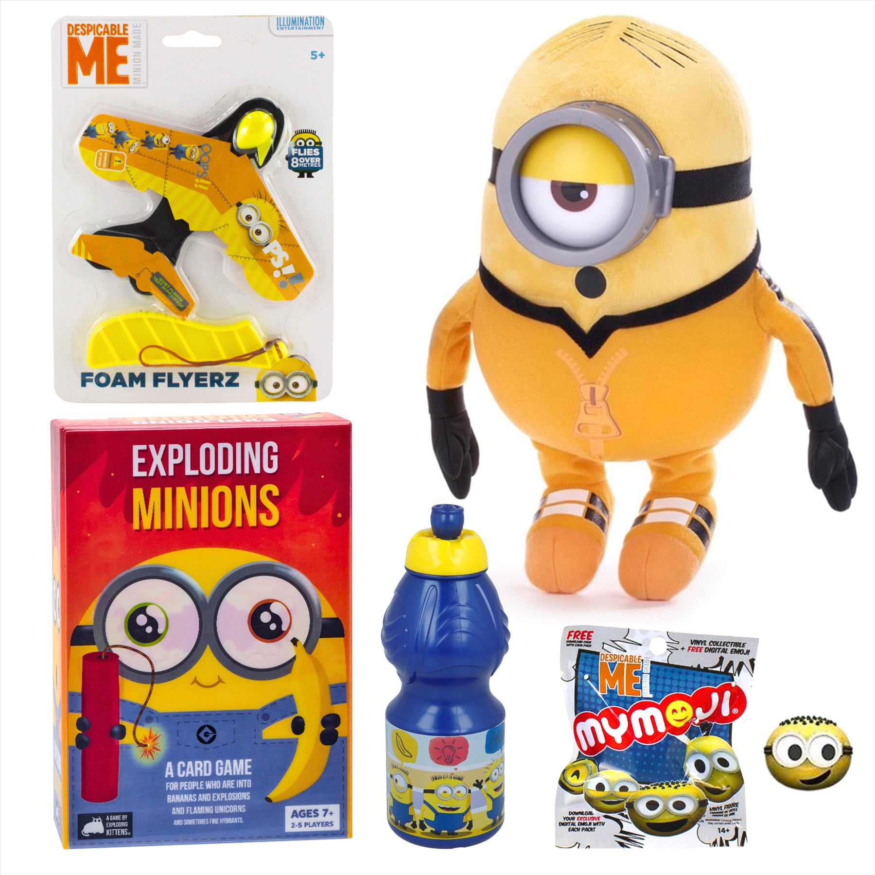 Despicable Me Minions Plush Toy and Games 5 Piece Mega Bundle - Stuart 30cm Plush Toy, Exploding Minions Card Game, Foam Flyer, MyMoji Miniature Figure, and 400ml Water Bottle - Toptoys2u