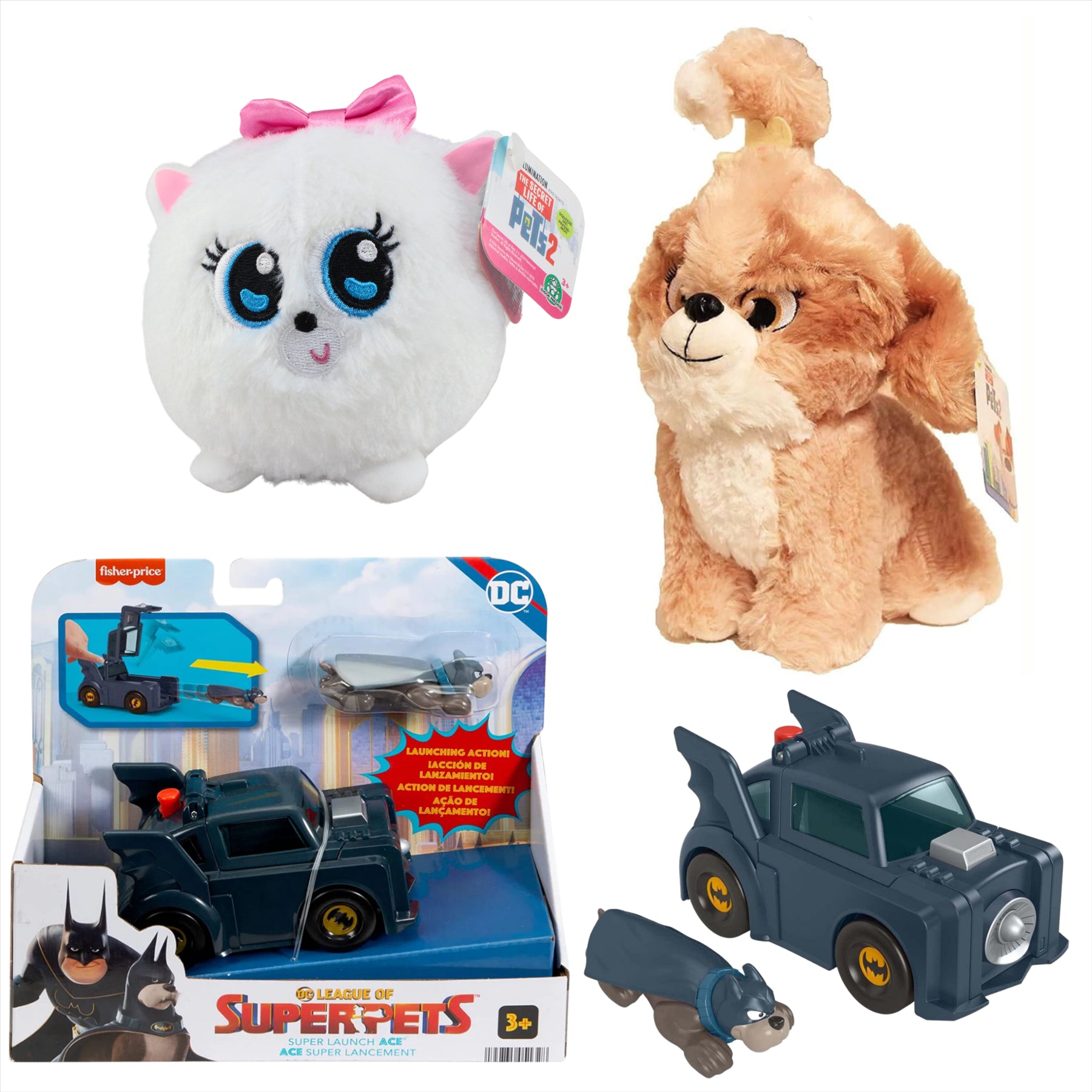 Secret Life of Pets Daisy 25cm Plush, Gidget 15cm Slo Foam Plush, and DC League of Super Pets Super Launch Ace Playset - 3-Piece Bundle - Toptoys2u