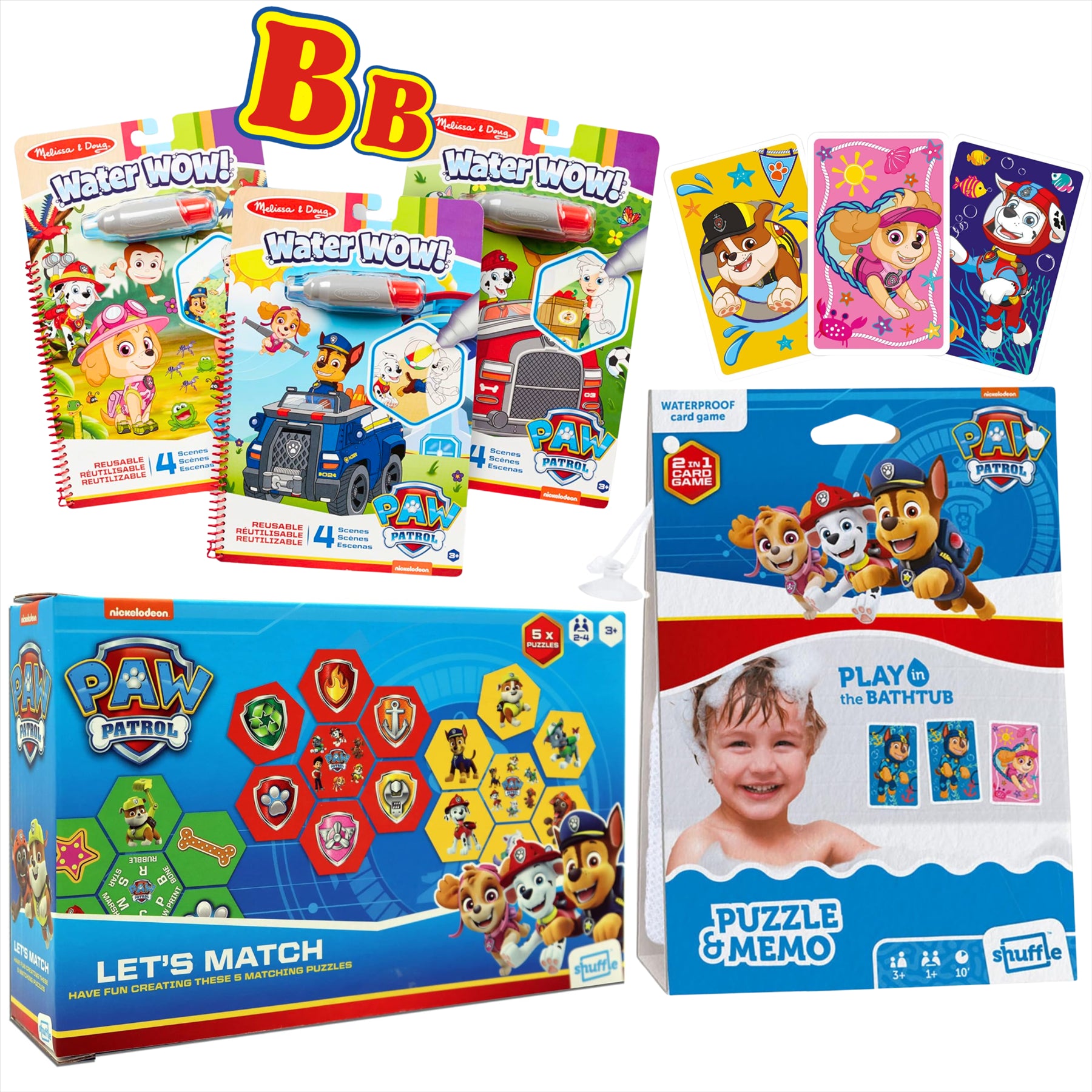 Paw Patrol Let's Match Puzzle Pack, Waterproof 2-in-1 Memo Shuffle Card Game, and 3 Water Wow! Activity Books - 5-Piece Bundle - Toptoys2u