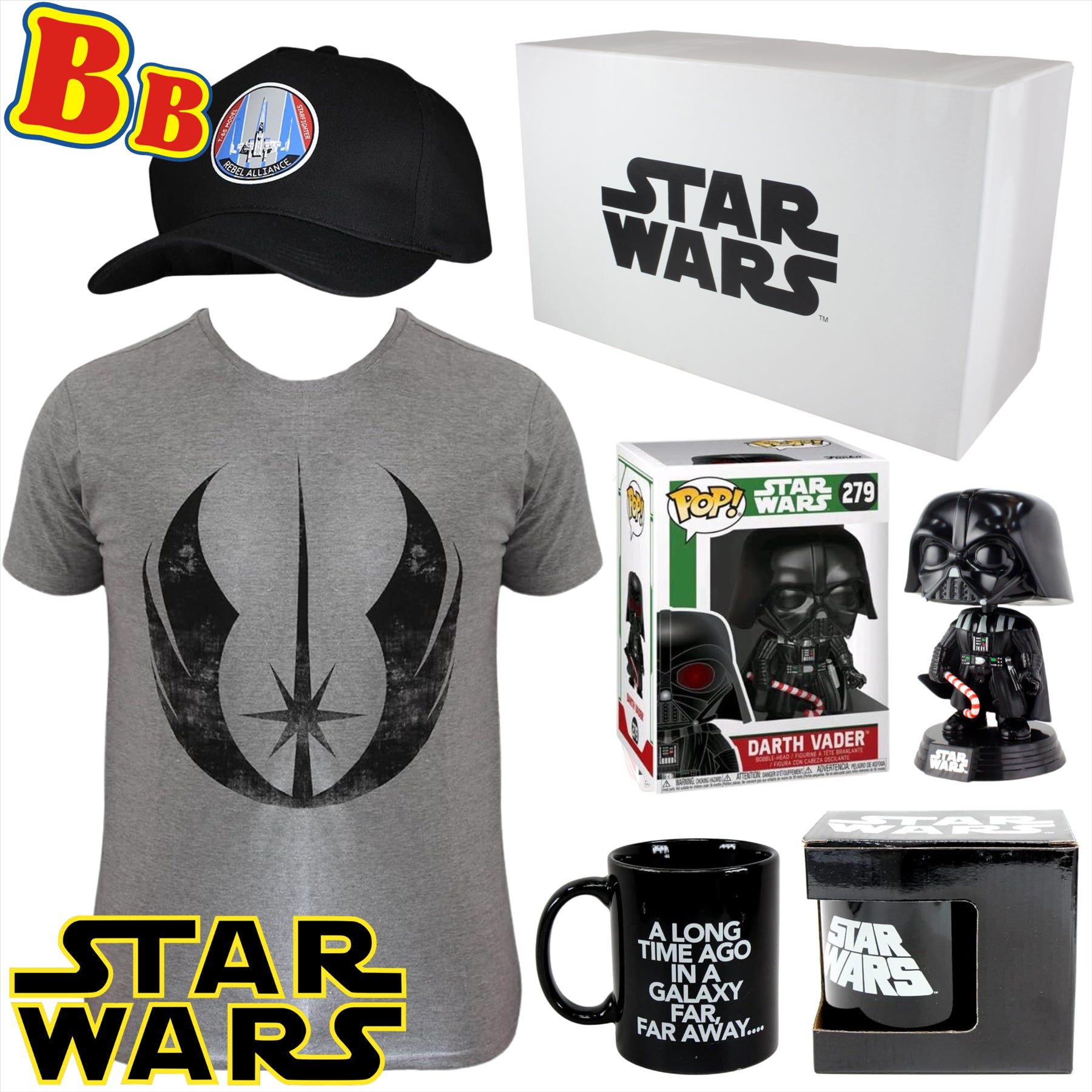 Star Wars - Collectors 4 Piece Set in Gift Box - Far Far Away 350ml Ceramic Mug, Rebel Alliance Baseball Cap, Darth Vader POP & Rebel Alliance T-Shirt Large - Toptoys2u
