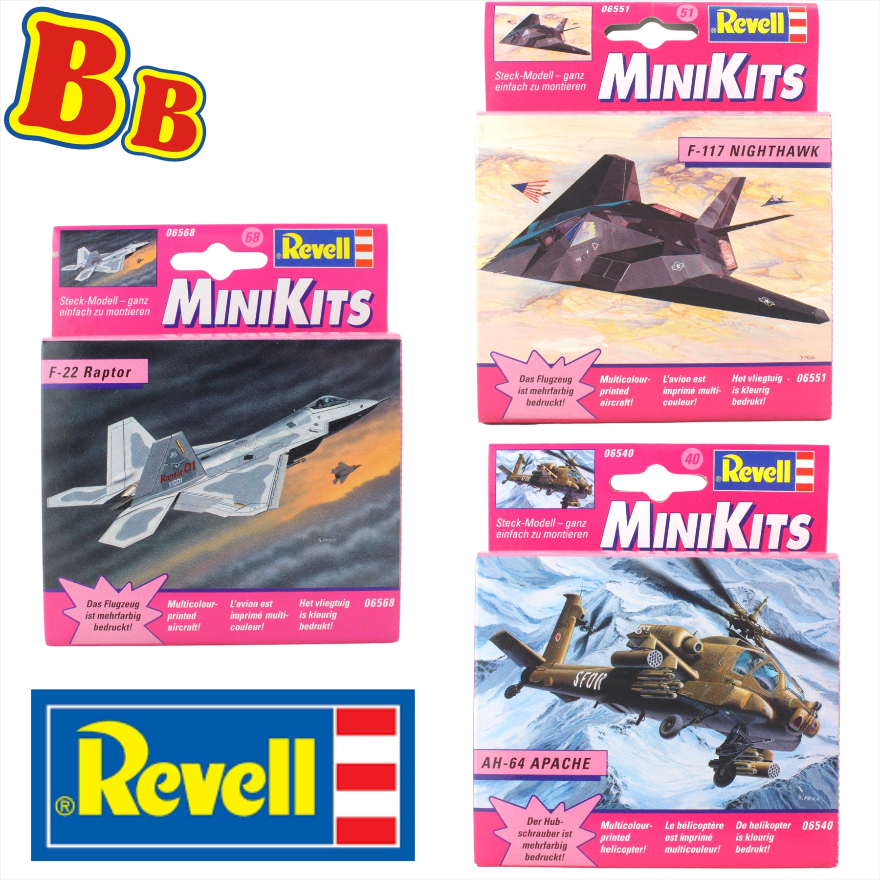 Revell MiniKits Model Plane Buildable Sets Pre Painted - Made in 2000 - F-117 Nighthawk, F-22 Raptor & AH-64 Apache - Set 4 - Pack of 3 - Toptoys2u