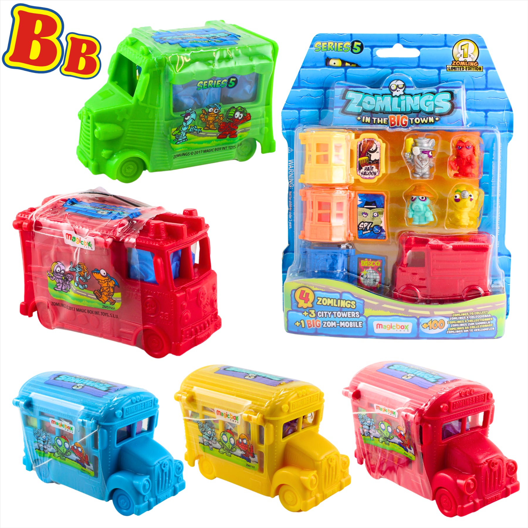 Zomlings Mega-Pack - 3x Buses, 2x Service Vehicles, 1x Multipack of 4 Zomlings, Fire Engine, and Accessories - 14 Zomlings Total - Pack of 6 - Toptoys2u