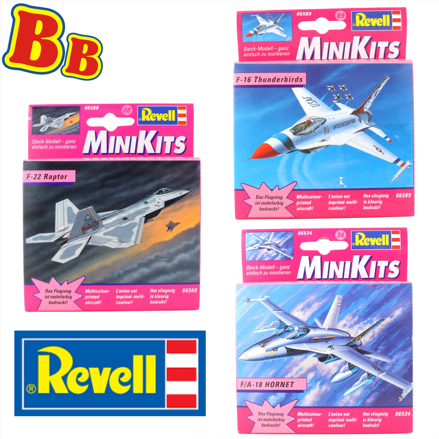 Revell MiniKits Model Plane Buildable Sets Pre Painted - Made in 2000 - F-16 Thunderbirds, F-22 Raptor & F/A-18 Hornet - Set 10 - Pack of 3 - Toptoys2u