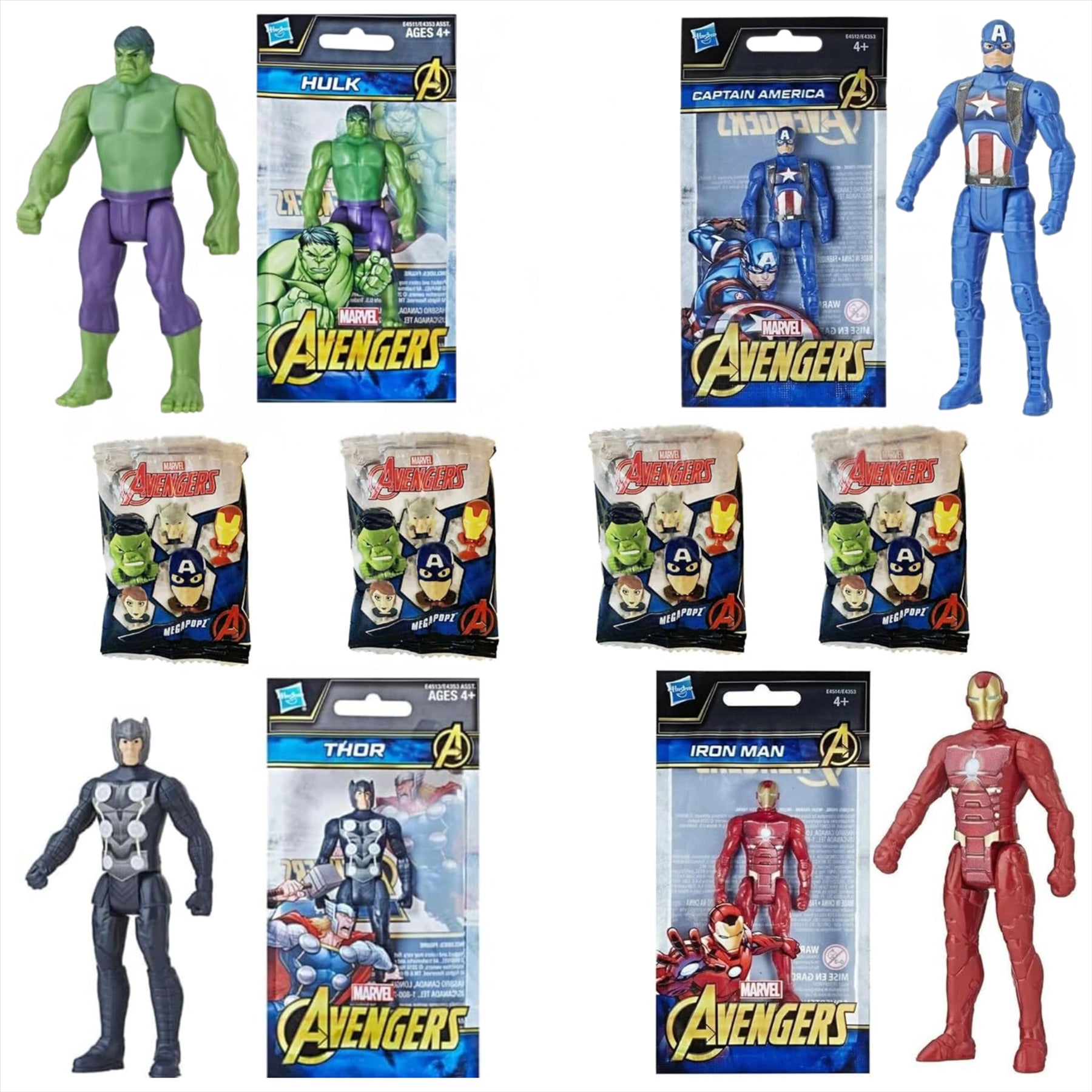 Marvel Avengers Hulk, Thor, Iron Man, and Captain America Pack of 4 Articulated 9.5cm Action Figures + 4x Mystery Megapopz Avengers Figures - Toptoys2u