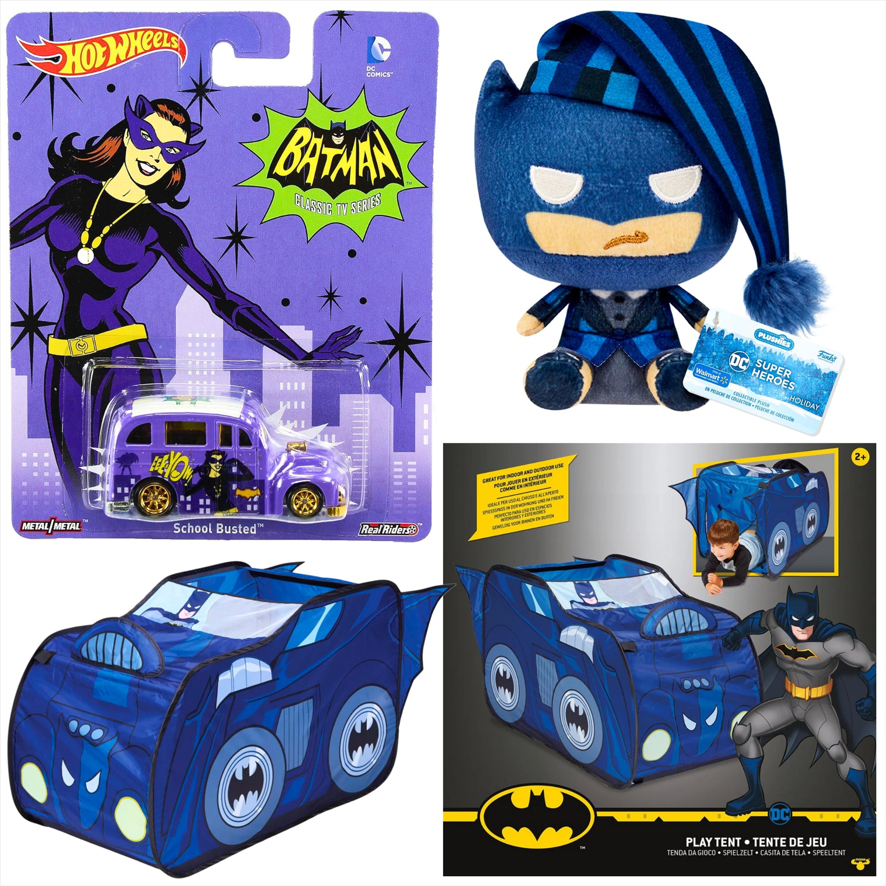 Batman Hot Wheels Catwoman School Busted Diecast Model Car with 18cm Plush and Batmobile Play Tent - 3-Piece Bundle - Toptoys2u