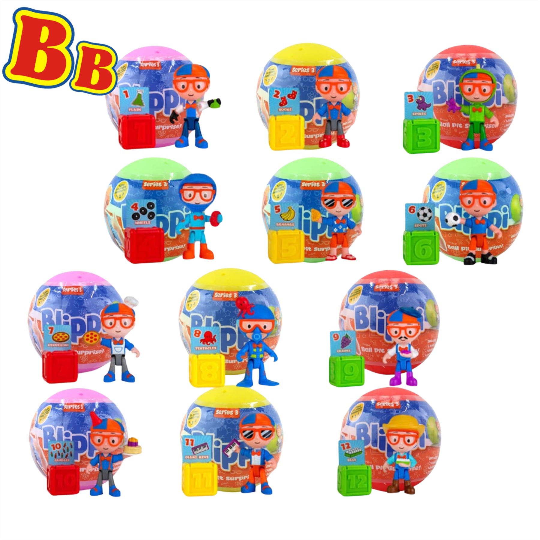 Blippi - 3" 8cm Fully Articulated Play Figure Identified Blind Capsules - Series 3 All 12 Characters - Toptoys2u