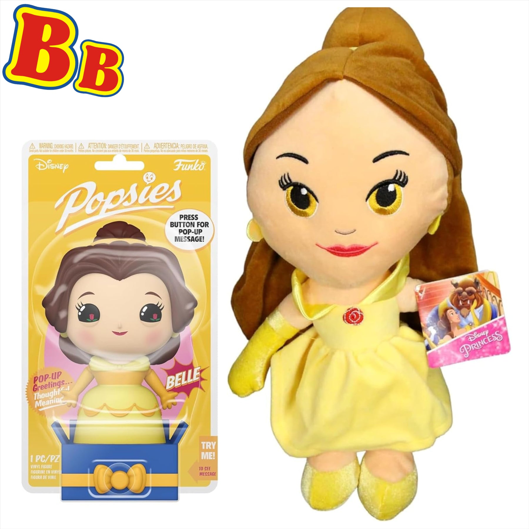 Disney Princess Beauty and the Beast Belle 36cm Super Soft Plush Toy and Funko Popsies Figure - Twin Pack - Toptoys2u