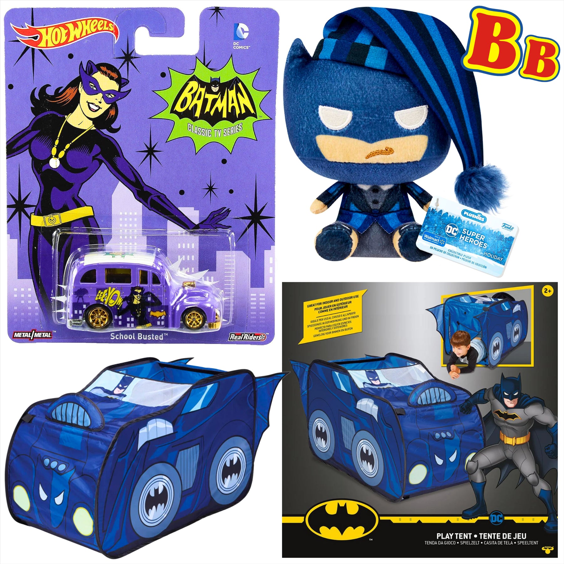 Batman Hot Wheels Catwoman School Busted Diecast Model Car with 18cm Plush and Batmobile Play Tent - 3-Piece Bundle - Toptoys2u