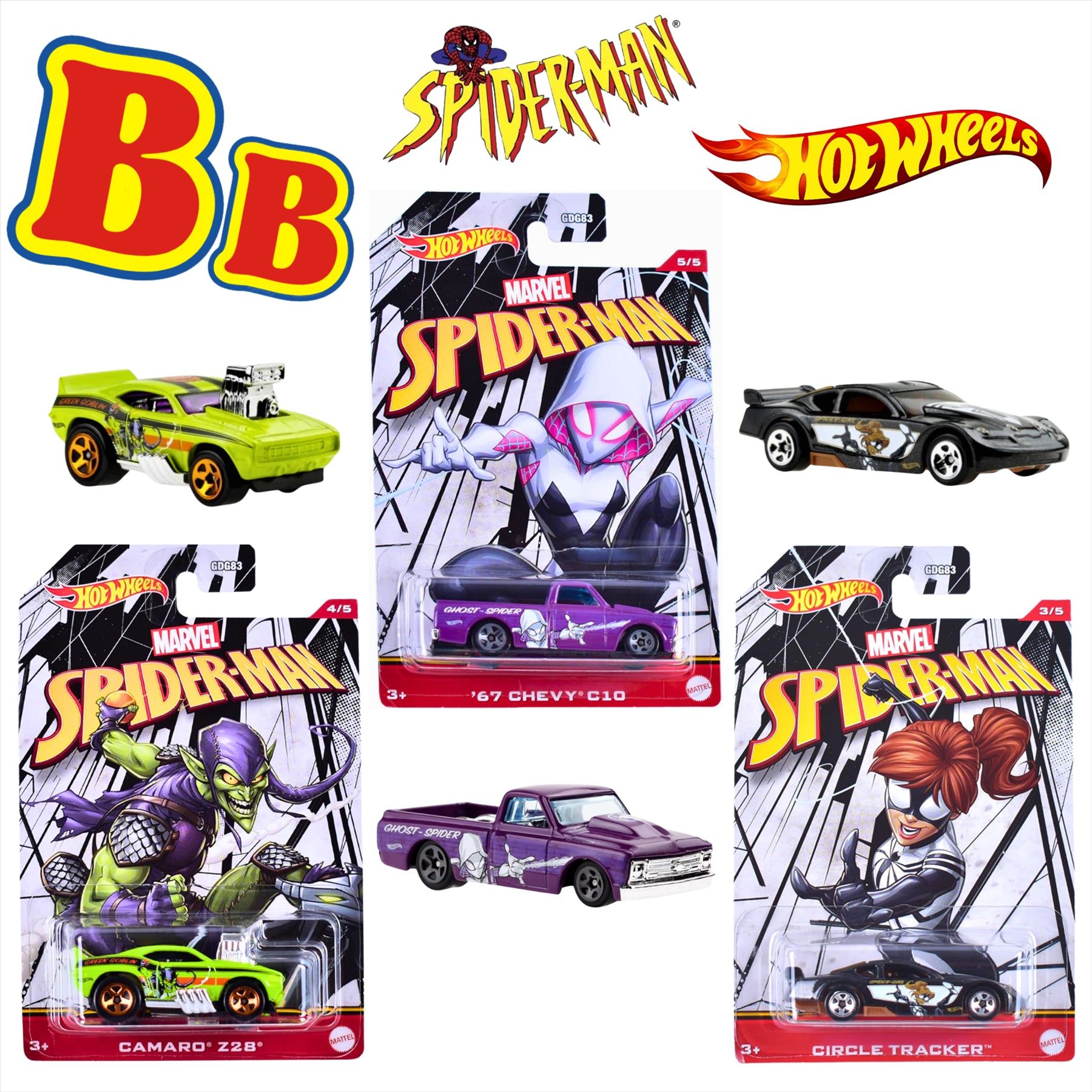 Hot Wheels Character Cars Marvel Spiderman 1:64 Scale Diecast Model Vehicles - Spider Girl Circle Tracker, Green Goblin Camaro Z28, & Ghost Spider 67 Chevy - Pack of 3 - Toptoys2u