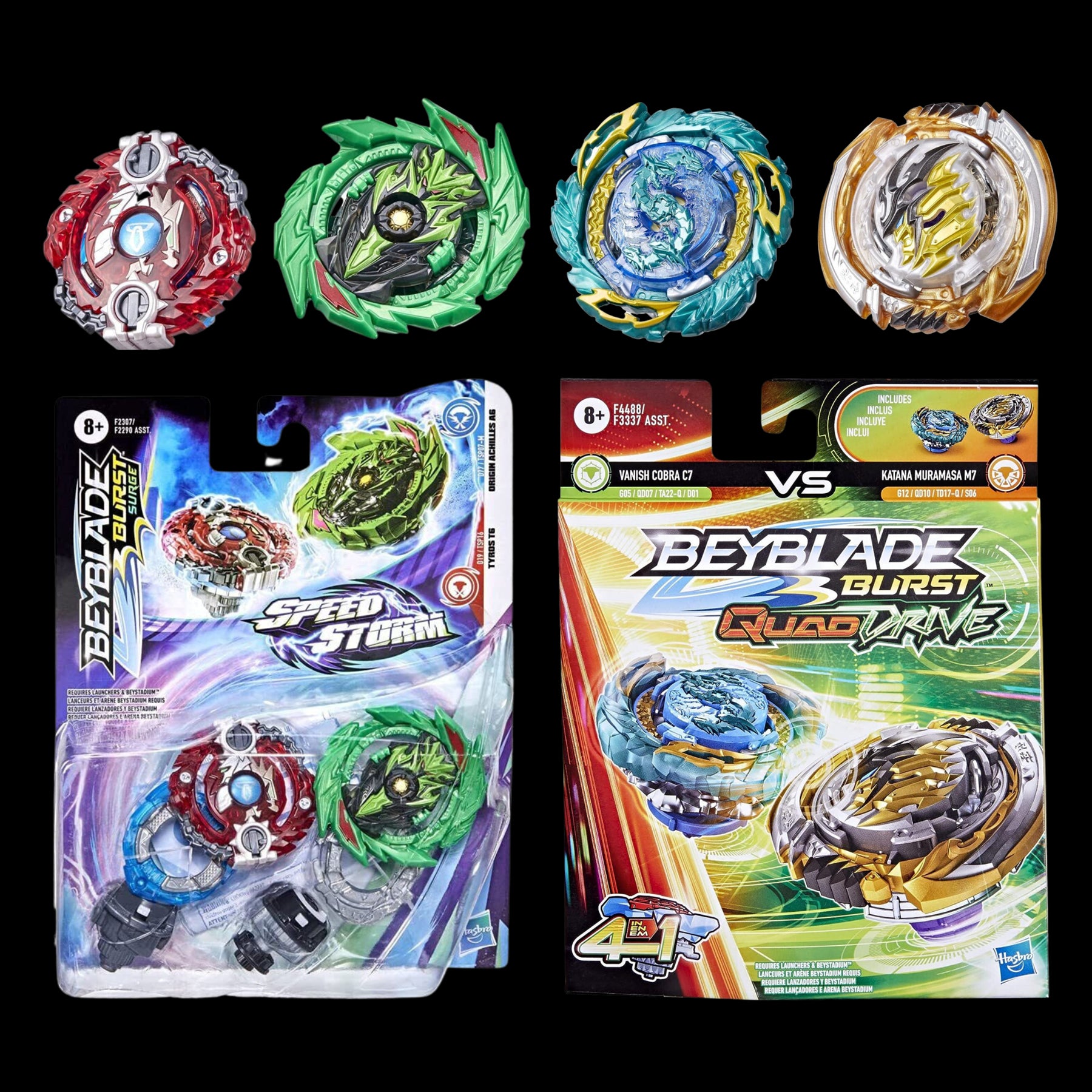 Beyblade Burst Speedstorm & Quad Drive - Original A6, Tyros T6, Katana Muramasa M7, Vanish Cobra C7 - Twin Pack - Toptoys2u