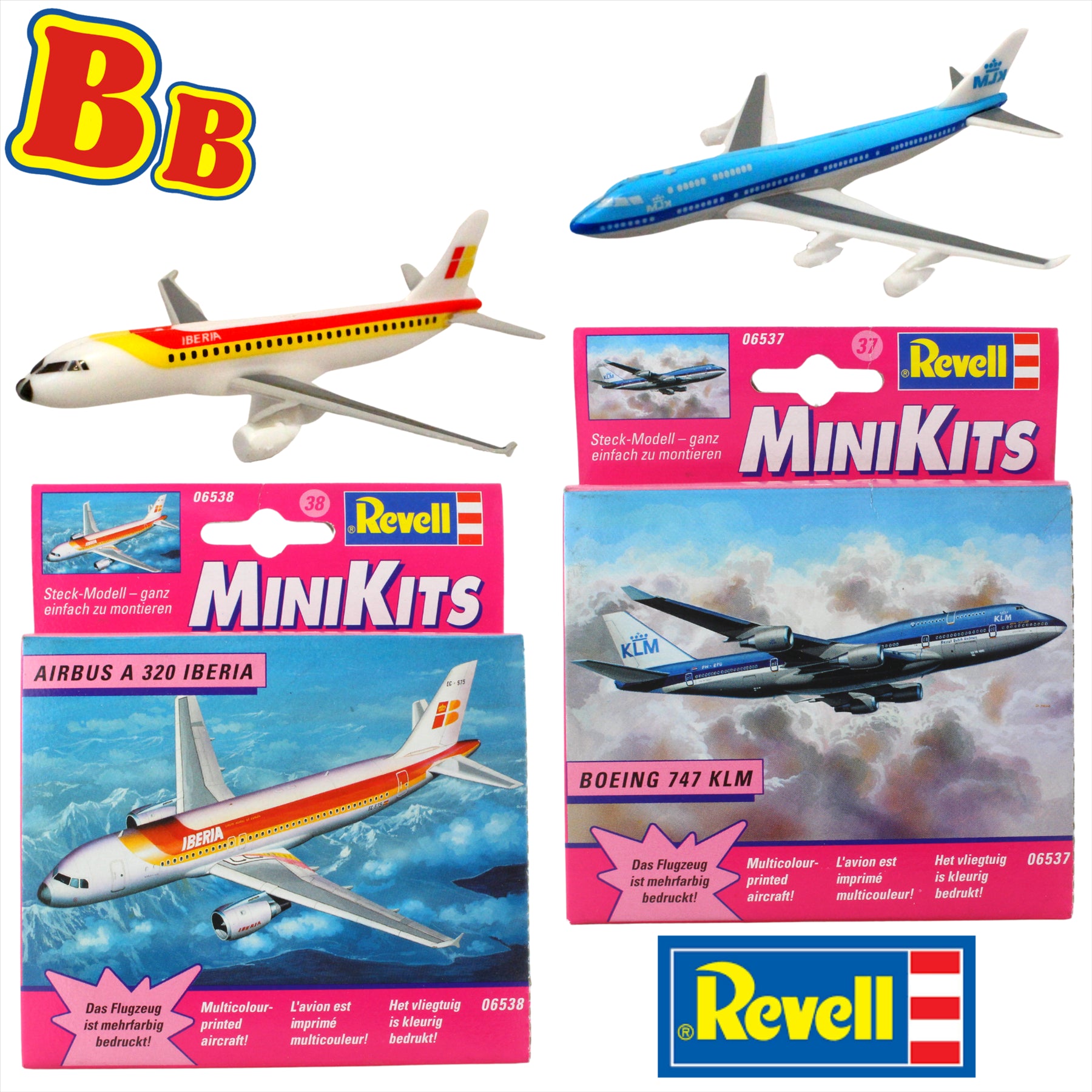 Revell MiniKits Model Plane Buildable Sets Pre Painted - Made in 2000 - Boeing747 KLM & Airbus A320 Iberia - Set 1 - Twin Pack - Toptoys2u